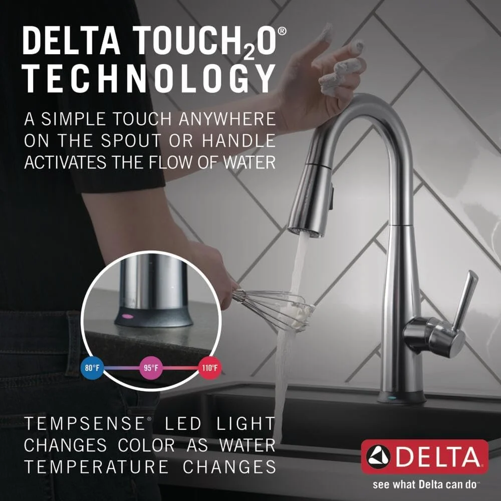 شیر آشپزخانه دلتا مدل Essa با اهرم لمسی، نیکل برس خورده، شیر سینک تک حفره ای، شیرهای بار با اسپری کشویی، شیر سینک آماده سازی، فناوری Delta Touch2O، استیل قطبی 9913T-AR-DST