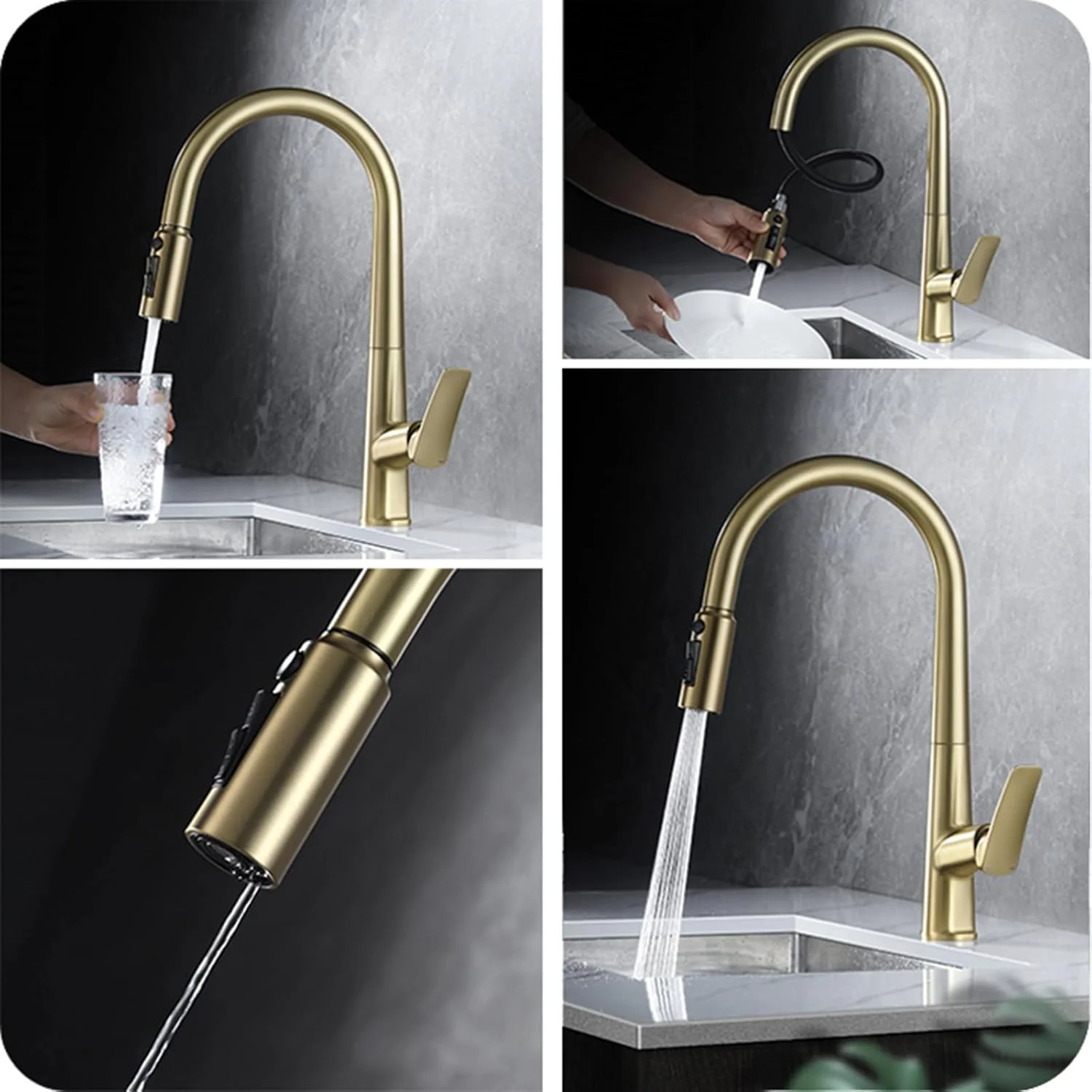 شیر آشپزخانه 3 راهه کروم، شیر سینک آشپزخانه 3 در 1 با اهرم تکی و خروجی آب تصفیه شده، طلایی برس خورده شیر آشپزخانه 3 راهه کروم، شیر سینک آشپزخانه 3 در 1 با اهرم تکی و خروجی آب تصفیه شده، طلایی برس خورده