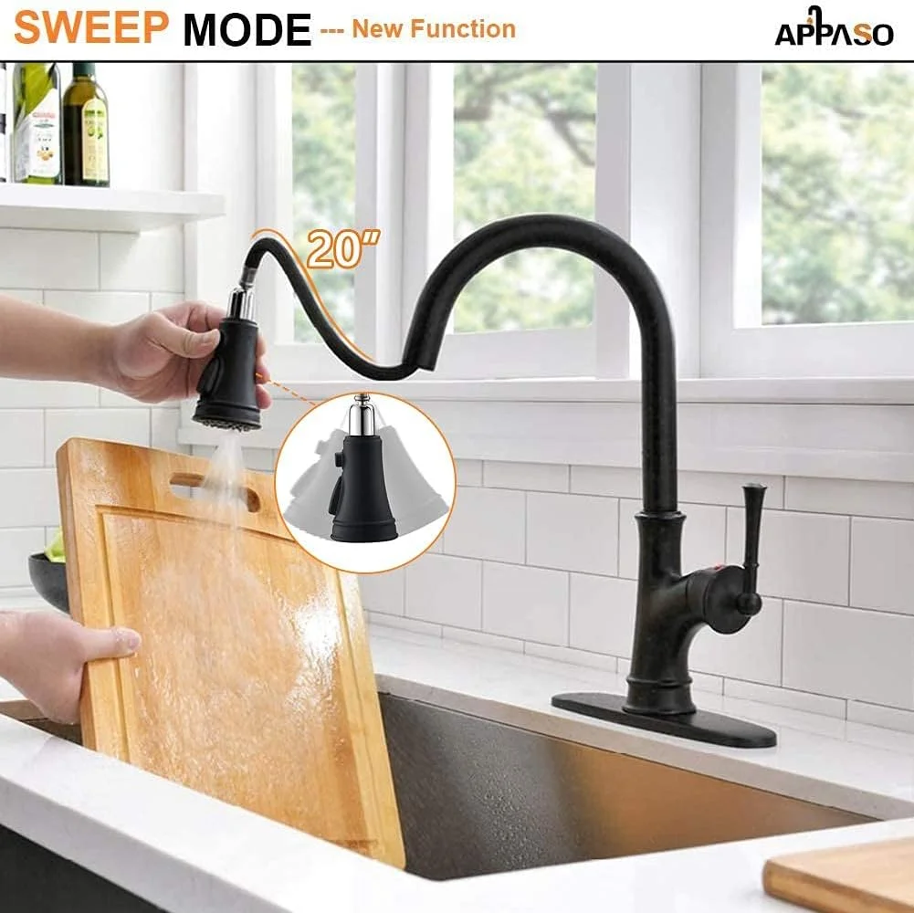 شیر آشپزخانه مشکی APPASO با سر دوش متحرک - شیر سینک آشپزخانه تک اهرمی با قوس بلند و تک سوراخ به همراه صفحه پوشاننده، مشکی مات شیر آشپزخانه مشکی APPASO با سر دوش متحرک - شیر سینک آشپزخانه تک اهرمی با قوس بلند و تک سوراخ به همراه صفحه پوشاننده، مشکی مات