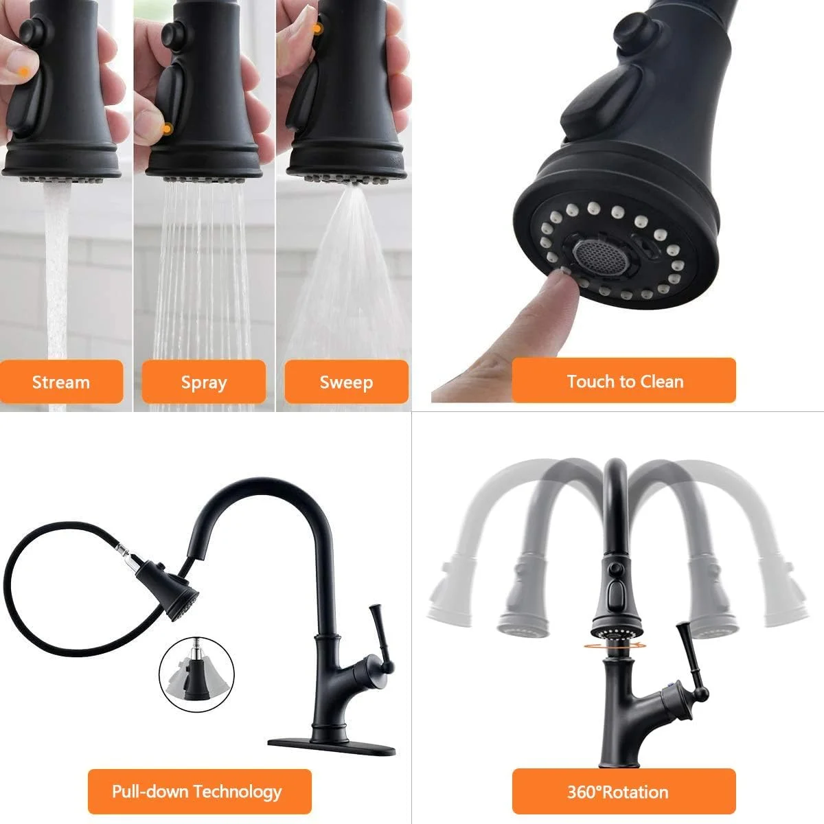 شیر آشپزخانه مشکی APPASO با سر دوش متحرک - شیر سینک آشپزخانه تک اهرمی با قوس بلند و تک سوراخ به همراه صفحه پوشاننده، مشکی مات شیر آشپزخانه مشکی APPASO با سر دوش متحرک - شیر سینک آشپزخانه تک اهرمی با قوس بلند و تک سوراخ به همراه صفحه پوشاننده، مشکی مات