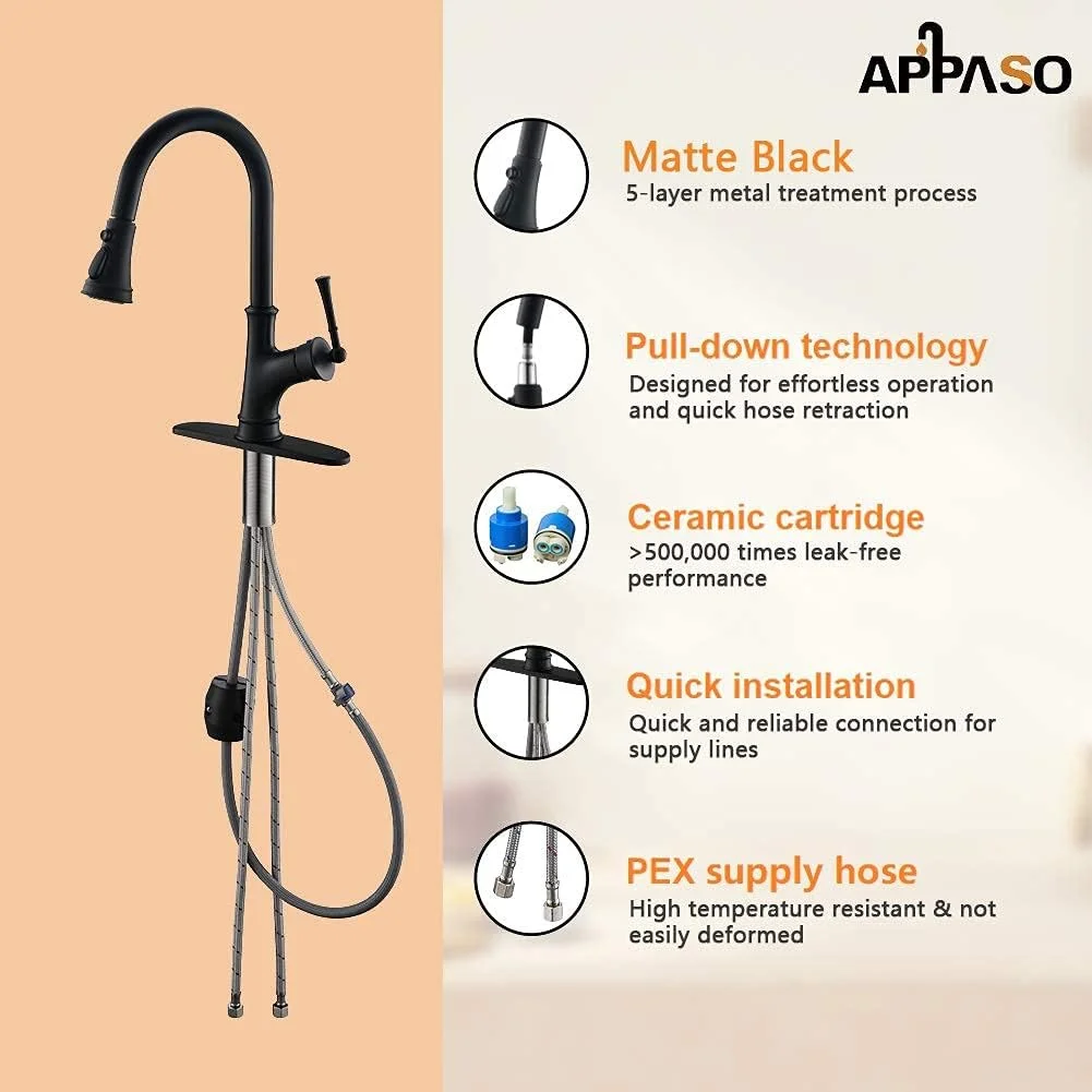 شیر آشپزخانه مشکی APPASO با سر دوش متحرک - شیر سینک آشپزخانه تک اهرمی با قوس بلند و تک سوراخ به همراه صفحه پوشاننده، مشکی مات شیر آشپزخانه مشکی APPASO با سر دوش متحرک - شیر سینک آشپزخانه تک اهرمی با قوس بلند و تک سوراخ به همراه صفحه پوشاننده، مشکی مات