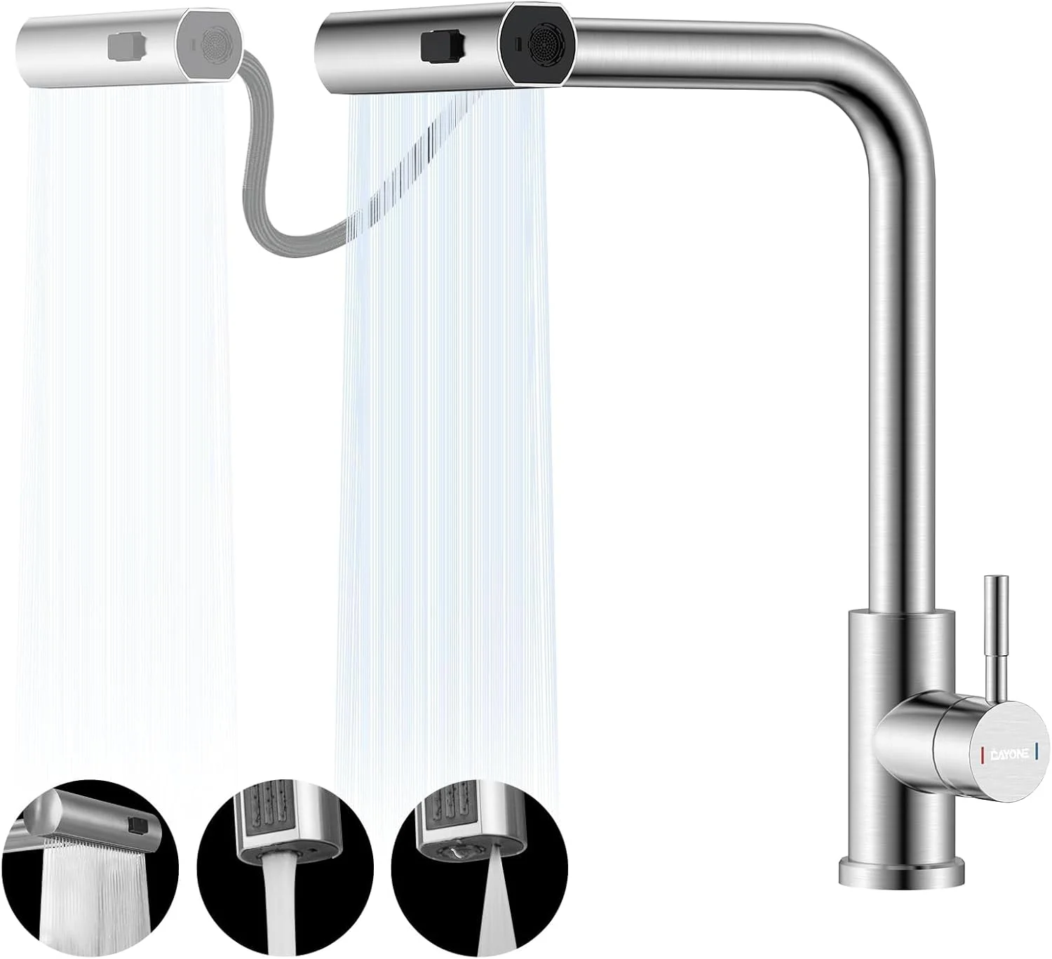 شیرآلات آشپزخانه آبشاری DAYONE با اسپری 3 حالته، شیرآلات آشپزخانه نیکل برس خورده با قابلیت پایین کشیدن، میکسر سینک ظرفشویی تک سوراخ استیل ضد زنگ، تک دسته و چرخش 360 درجه، DAY-2543 شیرآلات آشپزخانه آبشاری DAYONE با اسپری 3 حالته، شیرآلات آشپزخانه نیکل برس خورده با قابلیت پایین کشیدن، میکسر سینک ظرفشویی تک سوراخ استیل ضد زنگ، تک دسته و چرخش 360 درجه، DAY-2543