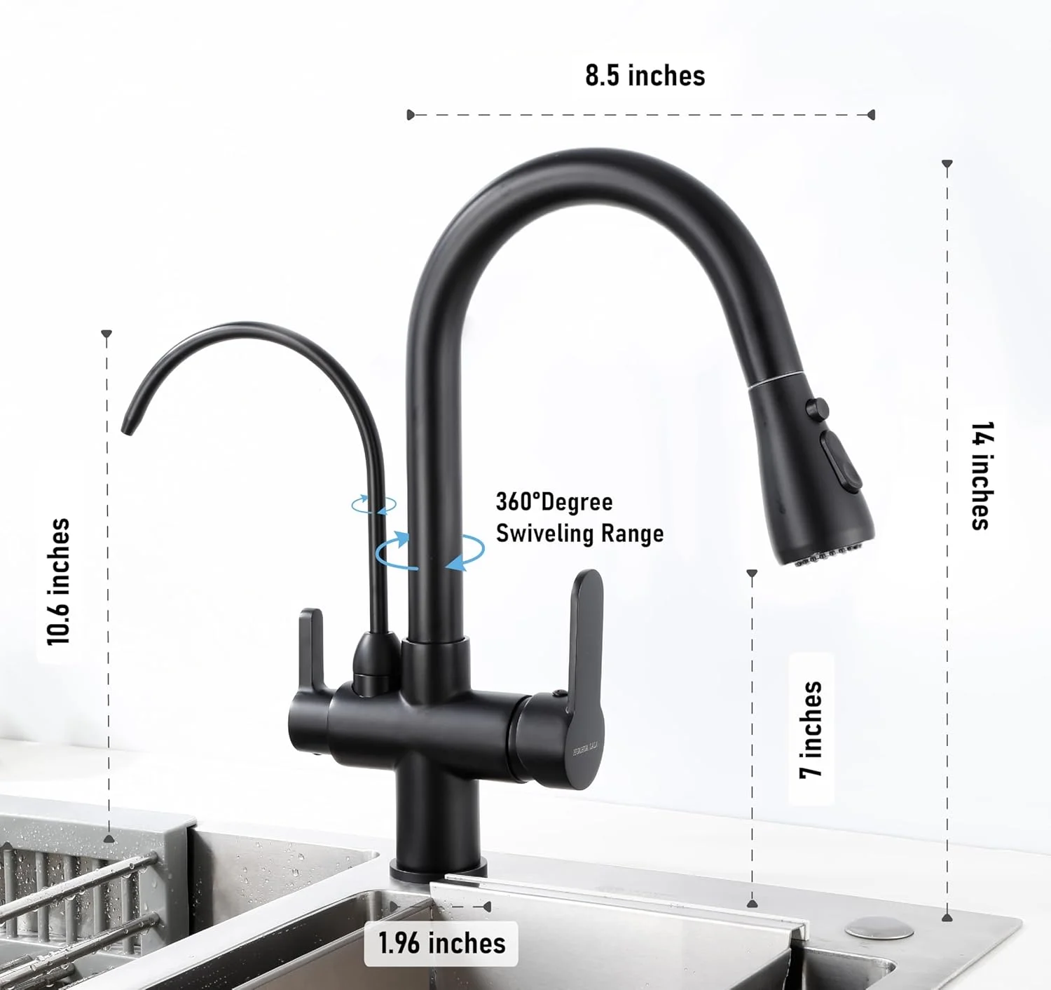 شیرآلات ظرفشویی مشکی مات HUAHUA LALA با اسپری کشویی، شیر آب آشامیدنی، شیر تصفیه آب مدرن دو دسته 3 در 1 با قوس بلند برای سیستم اسمز معکوس یا فیلتراسیون آب شیرآلات ظرفشویی مشکی مات HUAHUA LALA با اسپری کشویی، شیر آب آشامیدنی، شیر تصفیه آب مدرن دو دسته 3 در 1 با قوس بلند برای سیستم اسمز معکوس یا فیلتراسیون آب