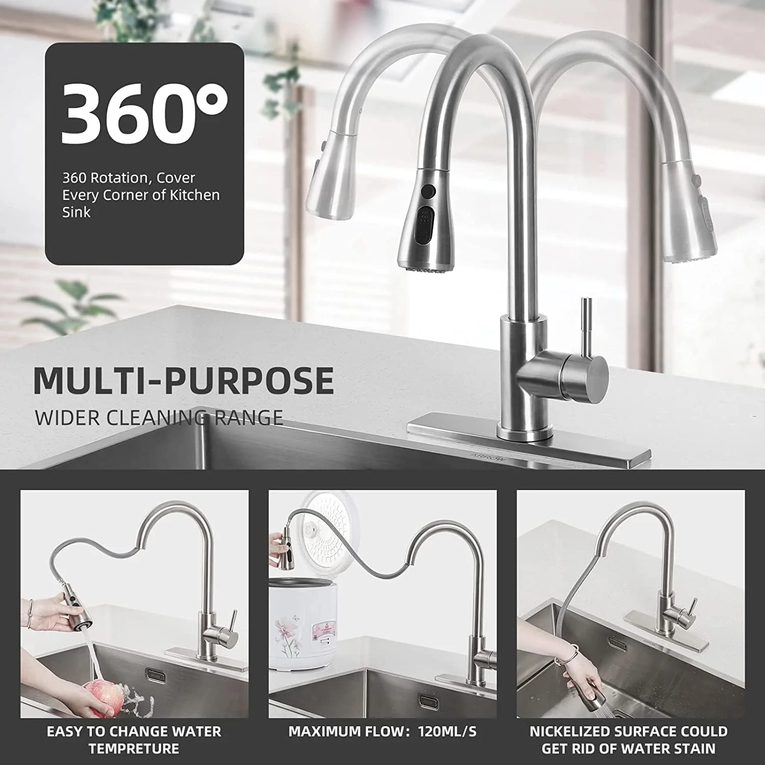 شیرآلات آشپزخانه Cooltens با قابلیت کشویی، شیر آب مخلوط سینک ظرفشویی آب گرم و سرد با اسپری سه طرفه، شیر آب استیل ضد زنگ sus304 با قابلیت چرخش 360 درجه با اسپری کشویی نیکل برس خورده شیرآلات آشپزخانه Cooltens با قابلیت کشویی، شیر آب مخلوط سینک ظرفشویی آب گرم و سرد با اسپری سه طرفه، شیر آب استیل ضد زنگ sus304 با قابلیت چرخش 360 درجه با اسپری کشویی نیکل برس خورده