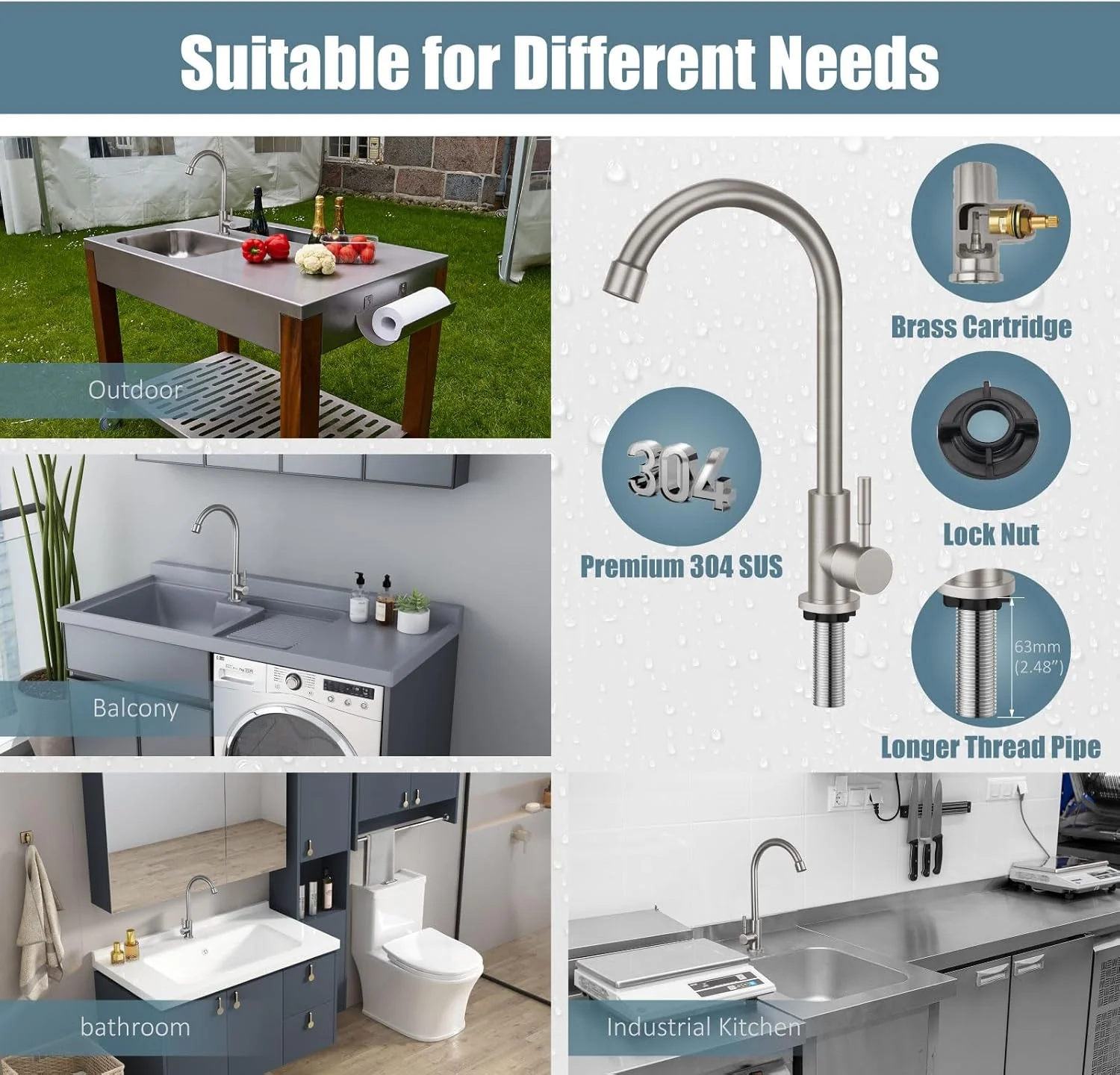 شیر آشپزخانه آب سرد آلمی، شیر سینک نیکل برس خورده، شیر آب بدون سرب استیل 304 با قوس بلند شیر آشپزخانه آب سرد آلمی، شیر سینک نیکل برس خورده، شیر آب بدون سرب استیل 304 با قوس بلند