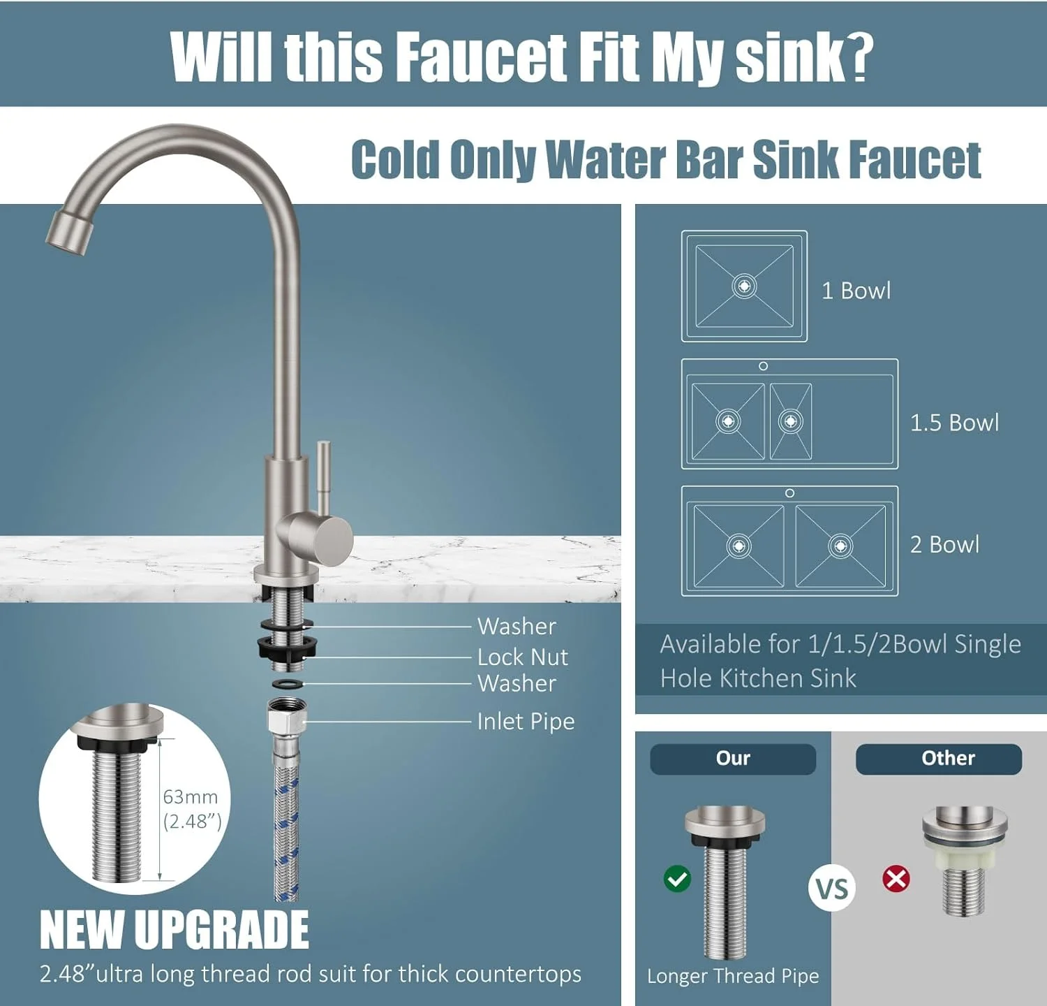 شیر آشپزخانه آب سرد آلمی، شیر سینک نیکل برس خورده، شیر آب بدون سرب استیل 304 با قوس بلند شیر آشپزخانه آب سرد آلمی، شیر سینک نیکل برس خورده، شیر آب بدون سرب استیل 304 با قوس بلند