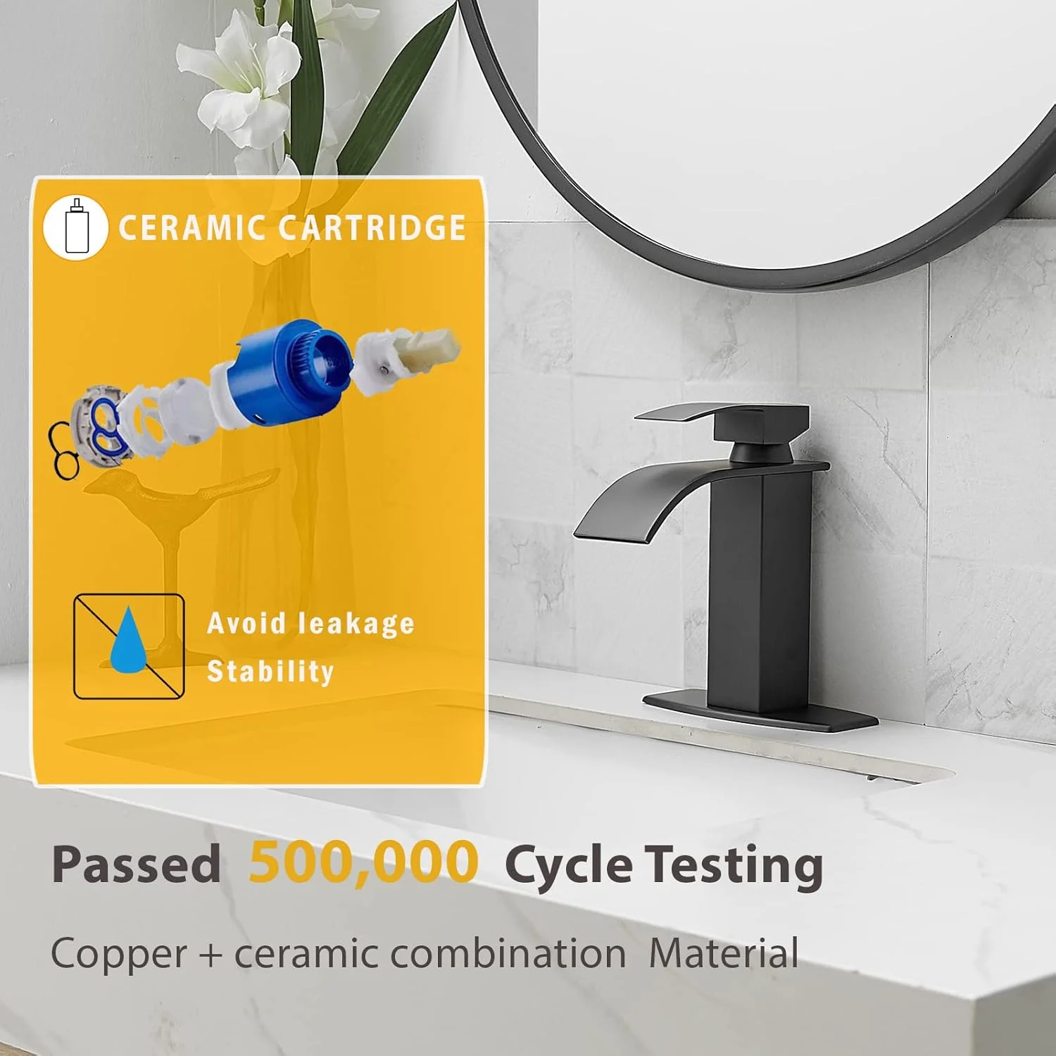 شیر آب حمام مشکی آبشاری BESy، شیر سینک حمام تک دستگیره، شیر روشویی کاروانی با صفحه عرشه، برنجی، مشکی مات، 1 یا 3 سوراخ