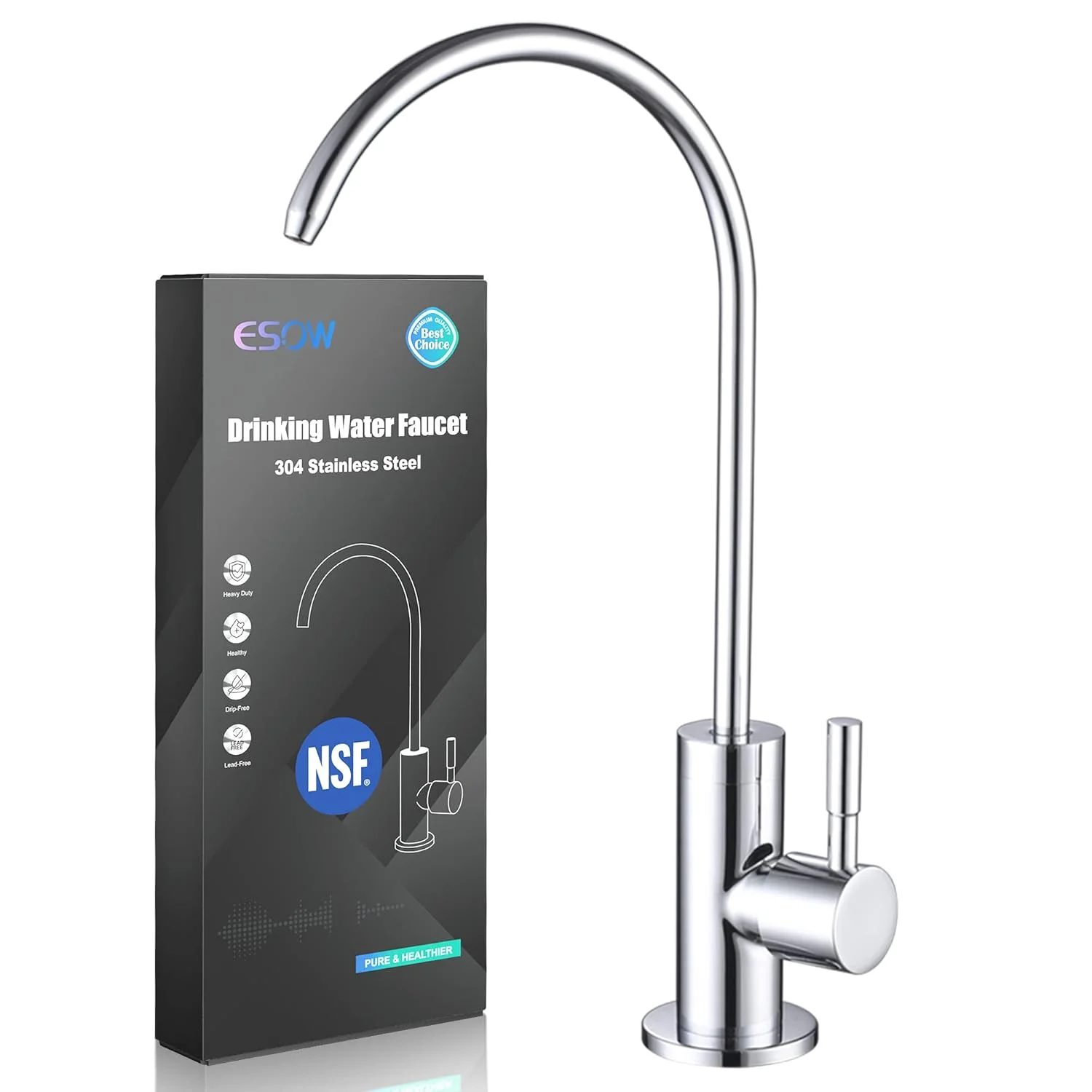 شیر آب تصفیه آب آشپزخانه ESOW، شیر آب آشامیدنی 100% بدون سرب، مناسب برای اکثر واحدهای اسمز معکوس یا سیستم های تصفیه آب در غیر هوا، بدنه استیل ضد زنگ 304 با روکش کروم براق