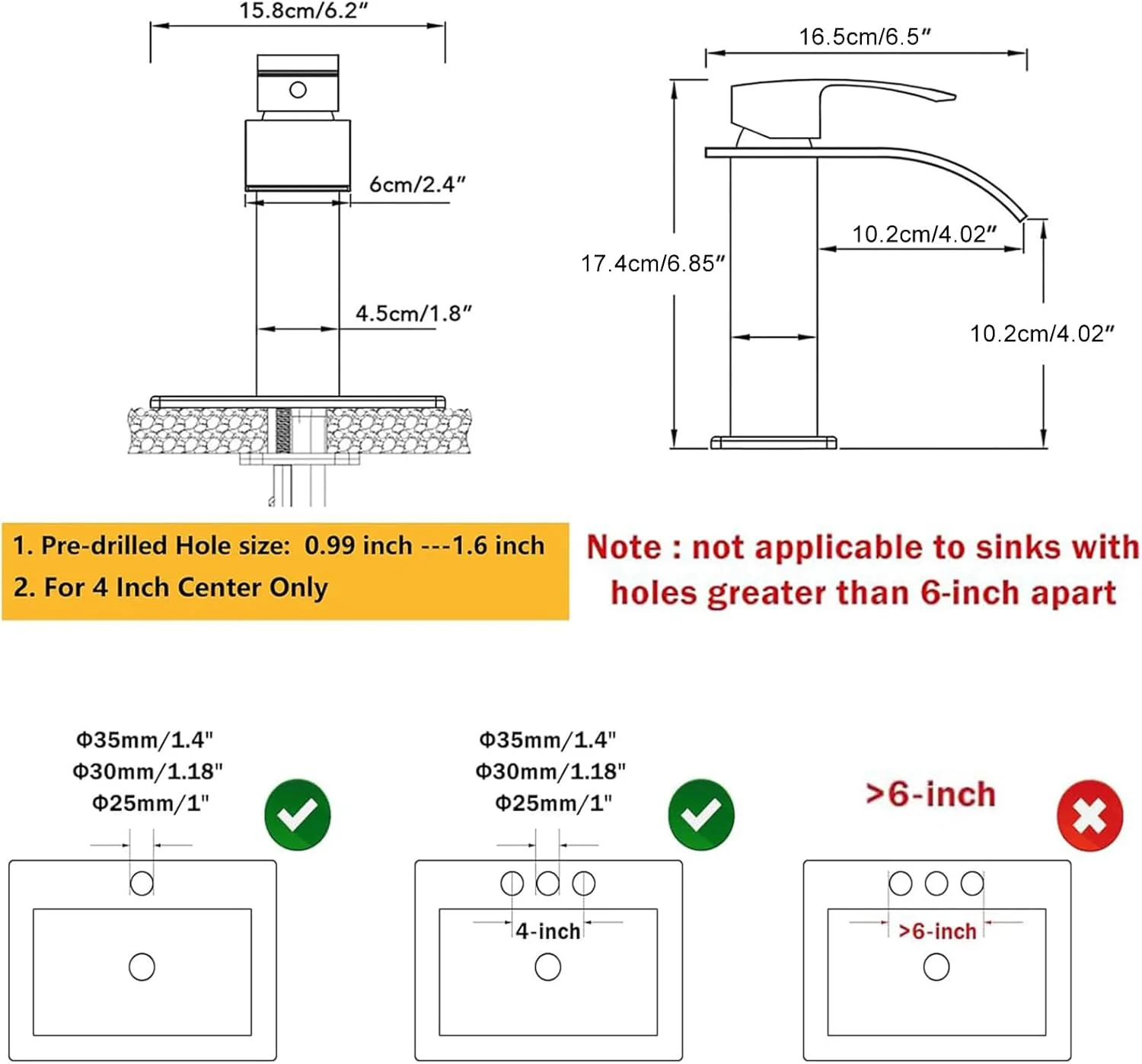 شیر آب حمام مشکی آبشاری BESy، شیر سینک حمام تک دستگیره، شیر روشویی کاروانی با صفحه عرشه، برنجی، مشکی مات، 1 یا 3 سوراخ