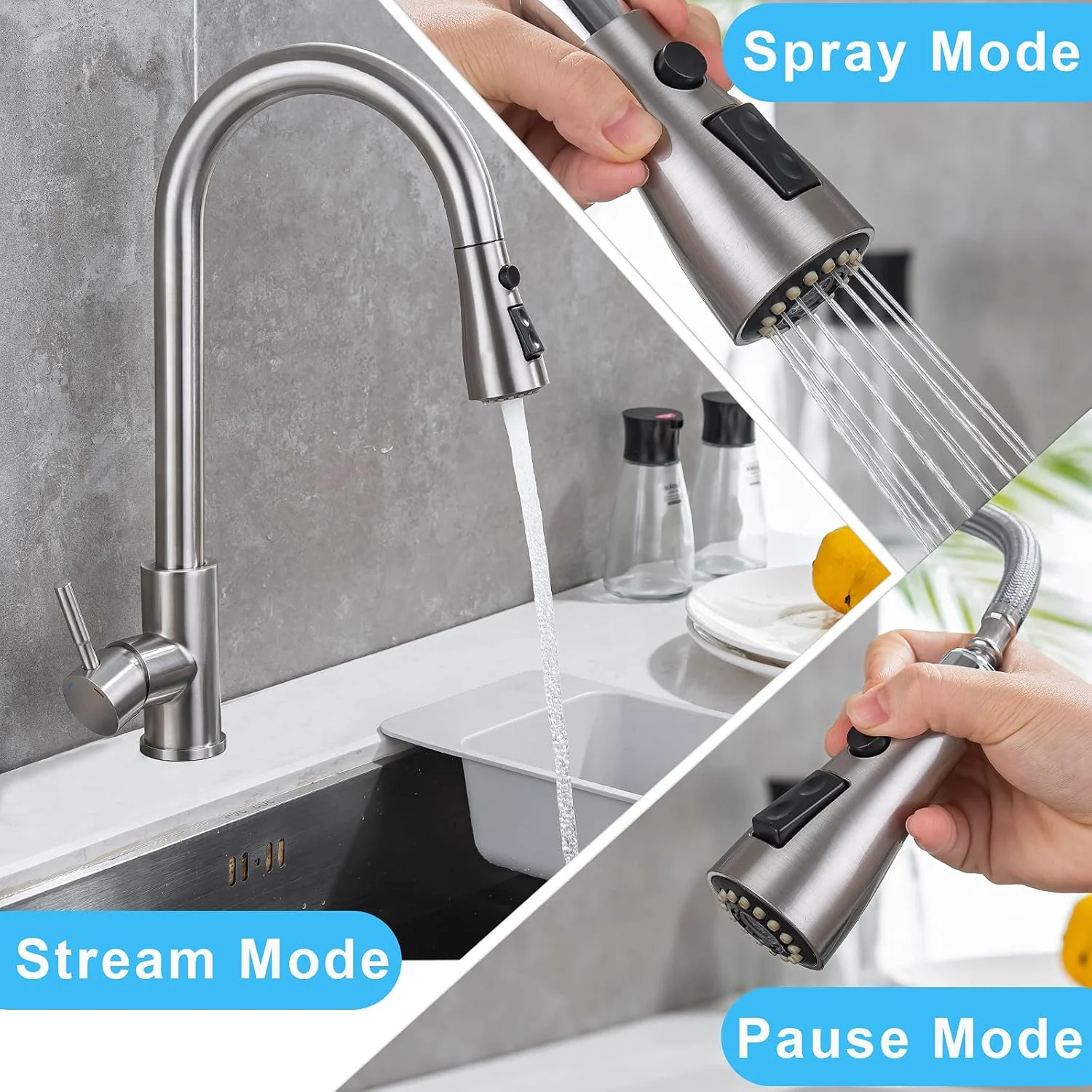 شیرآلات آشپزخانه TNOMS با روکش نیکل برس خورده، شیر آشپزخانه استیل تک اهرمی با اسپری سه حالته، تک سوراخه بدون صفحه