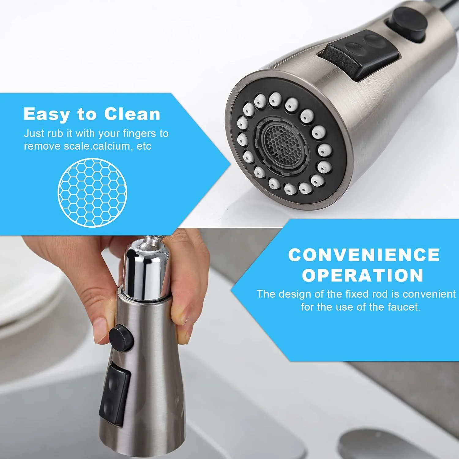 شیرآلات آشپزخانه TNOMS با روکش نیکل برس خورده، شیر آشپزخانه استیل تک اهرمی با اسپری سه حالته، تک سوراخه بدون صفحه