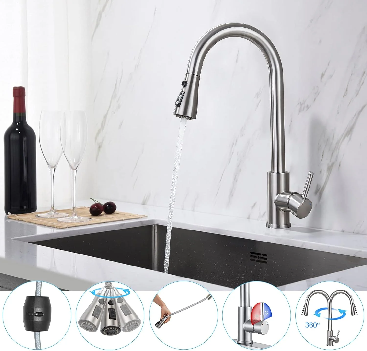 شیرآلات آشپزخانه TNOMS با روکش نیکل برس خورده، شیر آشپزخانه استیل تک اهرمی با اسپری سه حالته، تک سوراخه بدون صفحه