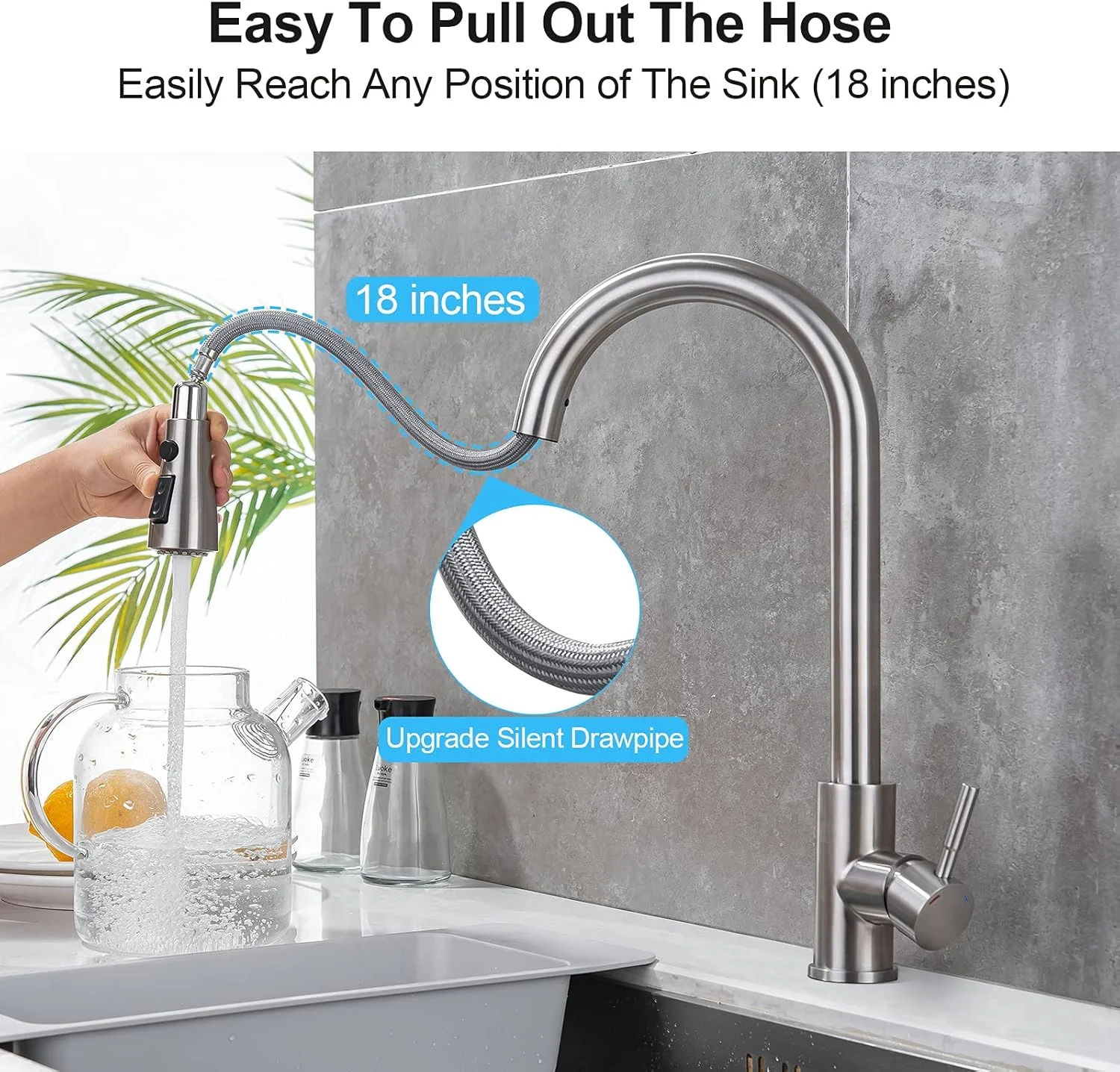 شیرآلات آشپزخانه TNOMS با روکش نیکل برس خورده، شیر آشپزخانه استیل تک اهرمی با اسپری سه حالته، تک سوراخه بدون صفحه