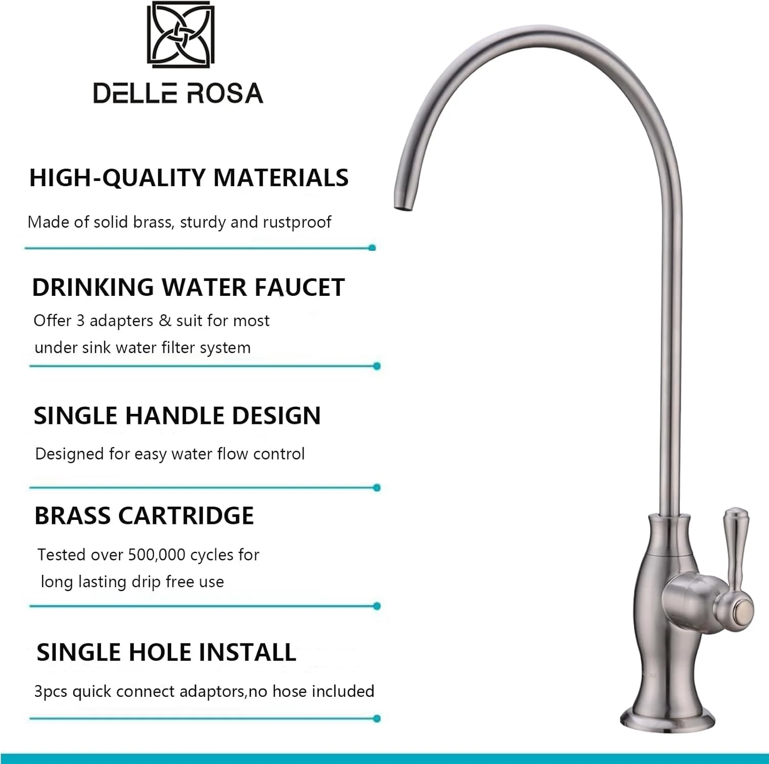 شیر آب فیلتر آب برنجی Delle Rosa، شیر فیلتراسیون آب تجاری برای سیستم فیلتر آب زیر سینک، شیر آب آشپزخانه و بار مدرن نیکل برس خورده برای آب آشامیدنی