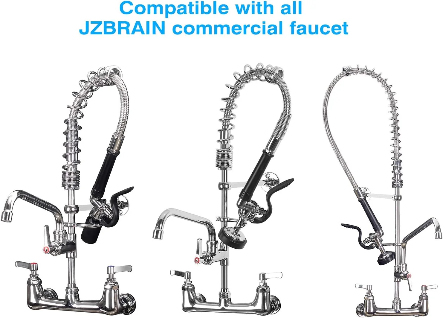 شیر آب پاش سینک صنعتی JZBRAIN، سر دوش شیر آب صنعتی با فشار قوی 1.42 GPM، نازل اسپری شستشوی ظروف با دسته، روکش کروم (مشکی)، واشر 2، شیر آشپزخانه دیواری با مرکز 8 اینچی، شیر صنعتی سنگین با خروجی چرخان 8 اینچی نصب شده روی دیوار.