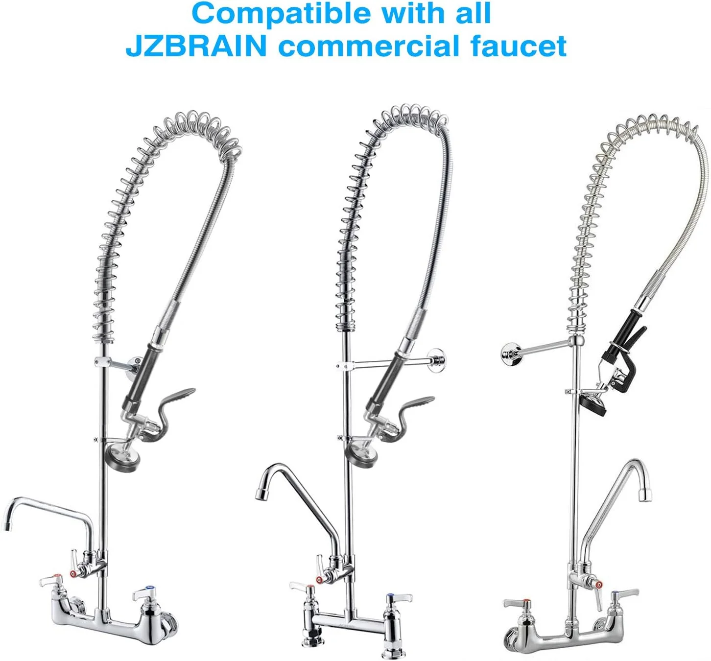 شیر آب پاش سینک صنعتی JZBRAIN، سر دوش شیر آب صنعتی با فشار قوی 1.42 GPM، نازل اسپری شستشوی ظروف با دسته، روکش کروم (مشکی)، واشر 2، شیر آشپزخانه دیواری با مرکز 8 اینچی، شیر صنعتی سنگین با خروجی چرخان 8 اینچی نصب شده روی دیوار.