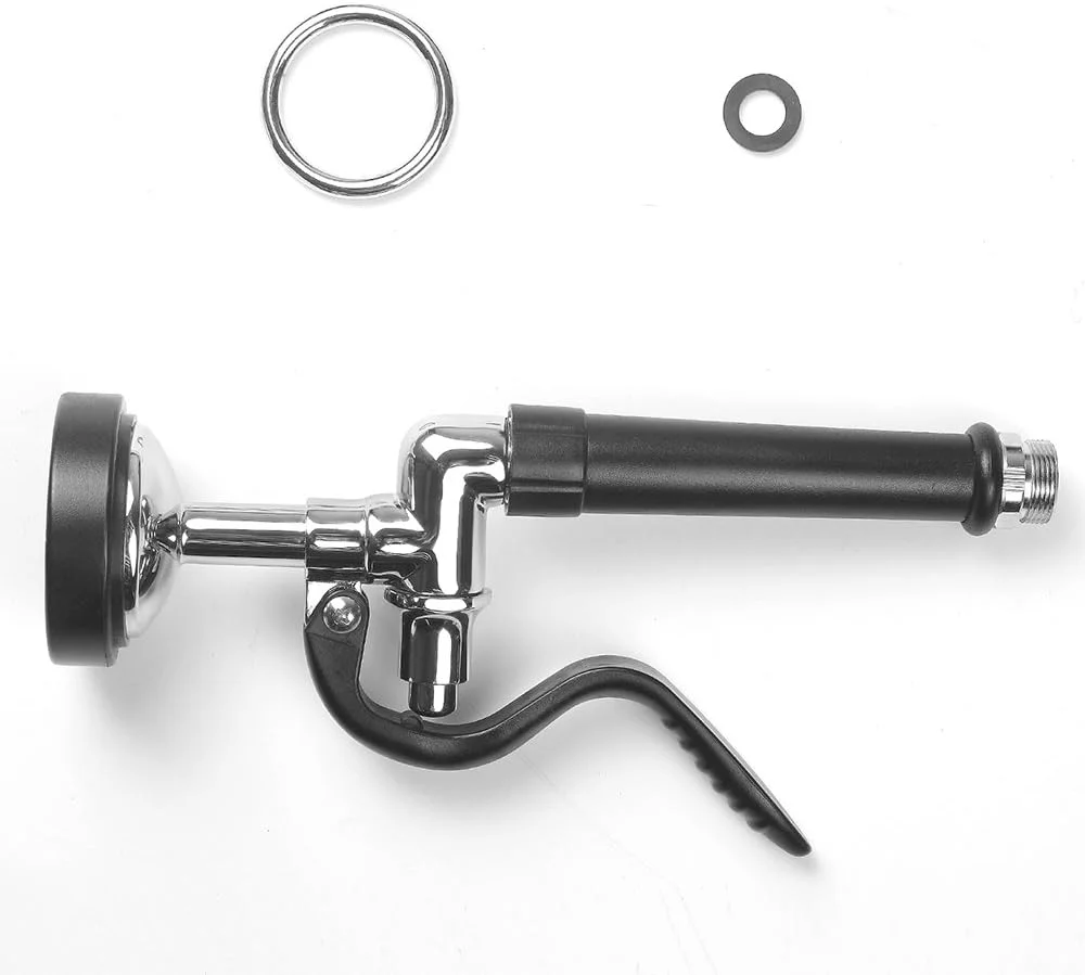 شیر آب پاش سینک صنعتی JZBRAIN، سر دوش شیر آب صنعتی با فشار قوی 1.42 GPM، نازل اسپری شستشوی ظروف با دسته، روکش کروم (مشکی)، واشر 2، شیر آشپزخانه دیواری با مرکز 8 اینچی، شیر صنعتی سنگین با خروجی چرخان 8 اینچی نصب شده روی دیوار.