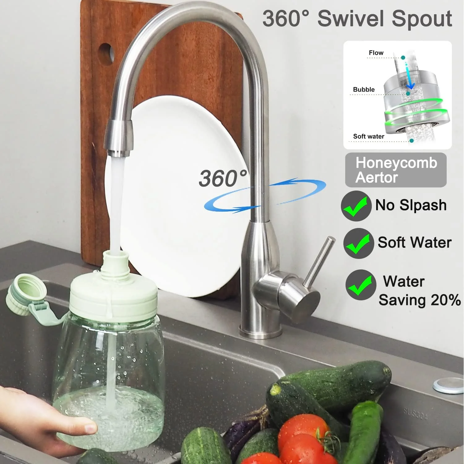 شیر آشپزخانه کمانی بلند فشن هوم - استیل ضد زنگ نیکل برس خورده، شیر سینک مدرن تک دستگیره با شلنگ 60 سانتی متری. شیر آشپزخانه کمانی بلند فشن هوم - استیل ضد زنگ نیکل برس خورده، شیر سینک مدرن تک دستگیره با شلنگ 60 سانتی متری.