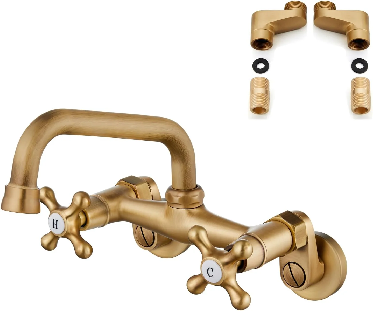 شیر آشپزخانه برنجی عتیقه Airuida، شیر دیواری سینک ظرفشویی با دهانه 15 سانتی‌متری، مرکز قابل تنظیم، دستگیره های ضربدری دوتایی، میکسر آب سرد و گرم با قابلیت چرخش 360 درجه