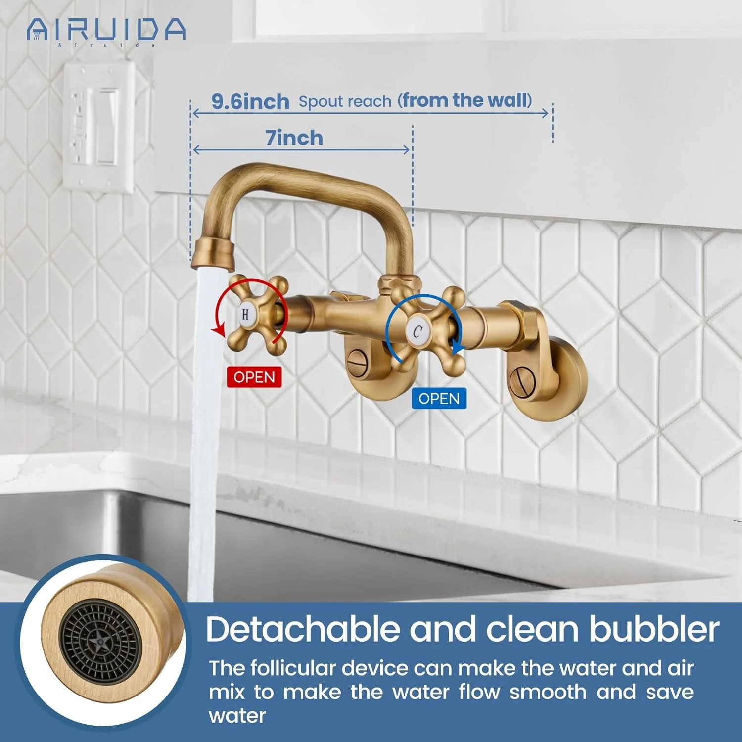 شیر آشپزخانه برنجی عتیقه Airuida، شیر دیواری سینک ظرفشویی با دهانه 15 سانتیمتری، مرکز قابل تنظیم، دستگیره های ضربدری دوتایی، میکسر آب سرد و گرم با قابلیت چرخش 360 درجه شیر آشپزخانه برنجی عتیقه Airuida، شیر دیواری سینک ظرفشویی با دهانه 15 سانتیمتری، مرکز قابل تنظیم، دستگیره های ضربدری دوتایی، میکسر آب سرد و گرم با قابلیت چرخش 360 درجه