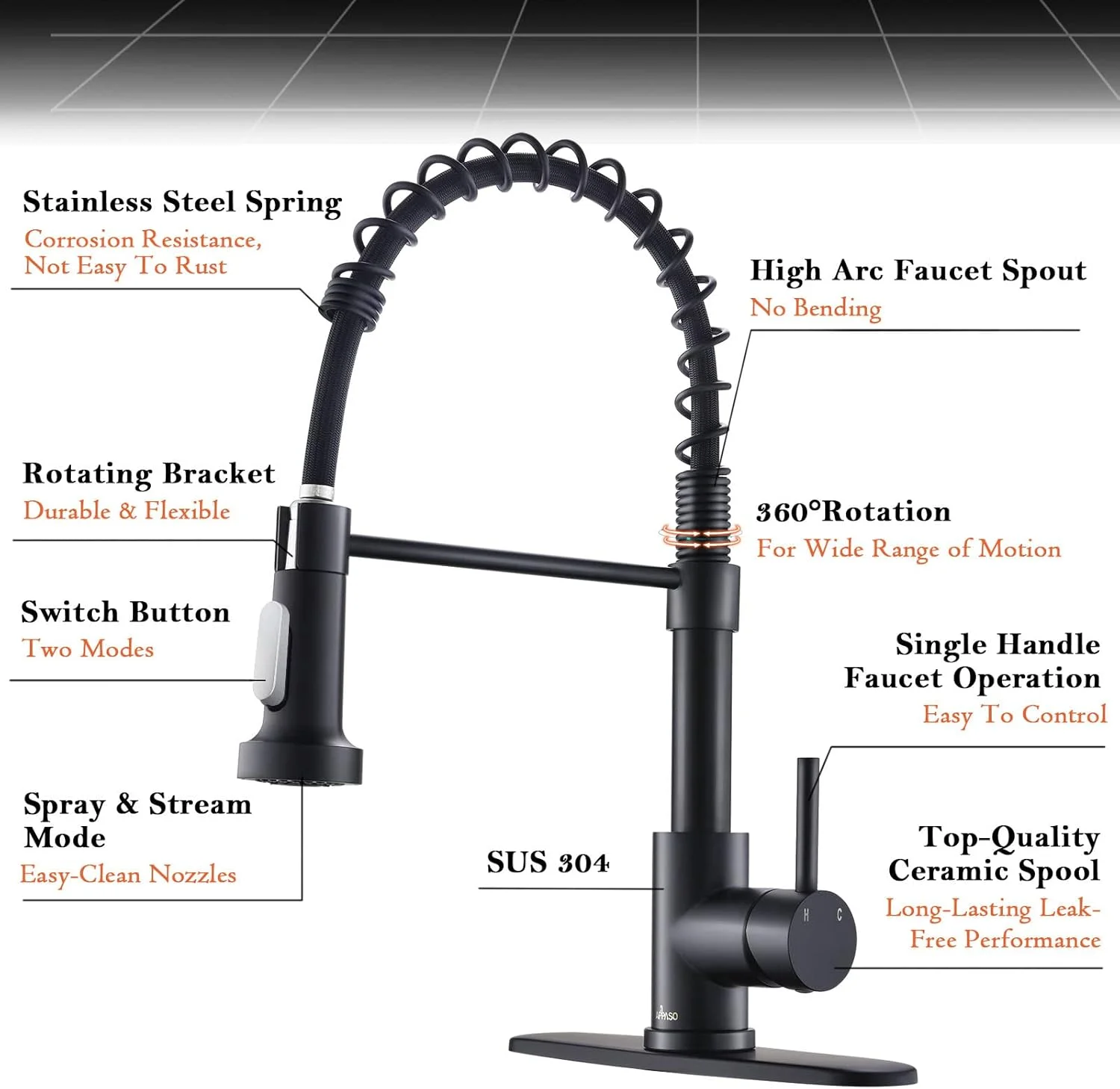 شیر آشپزخانه استیل ضد زنگ APPASO (مشکی)