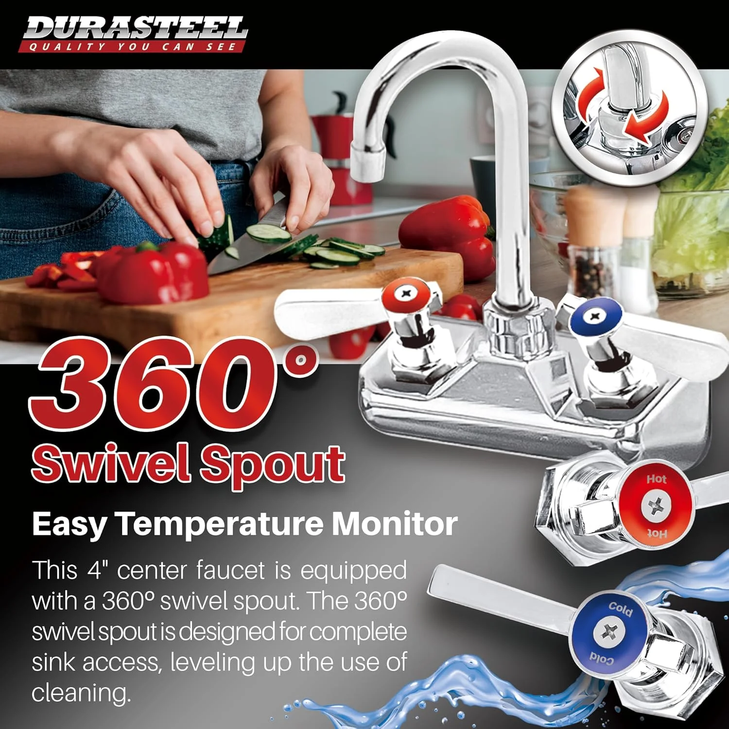 شیر آشپزخانه دیواری DuraSteel - شیر آشپزخانه تجاری با مرکز 4 اینچی با خروجی گردن غازی 3-1/2 اینچی - دسته های اهرمی دوتایی - ساخته شده از برنج و روکش کروم شیر آشپزخانه دیواری DuraSteel - شیر آشپزخانه تجاری با مرکز 4 اینچی با خروجی گردن غازی 3-1/2 اینچی - دسته های اهرمی دوتایی - ساخته شده از برنج و روکش کروم