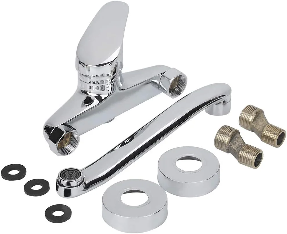 شیر روشویی دیواری گاروسا، شیر آب مخلوط آب سرد و گرم برنجی، دو سوراخه، تک دسته، نازل بلند شیر آب برای آشپزخانه