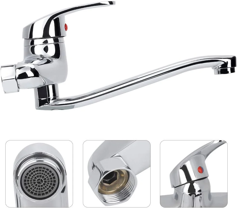 شیر روشویی دیواری گاروسا، شیر آب مخلوط آب سرد و گرم برنجی، دو سوراخه، تک دسته، نازل بلند شیر آب برای آشپزخانه