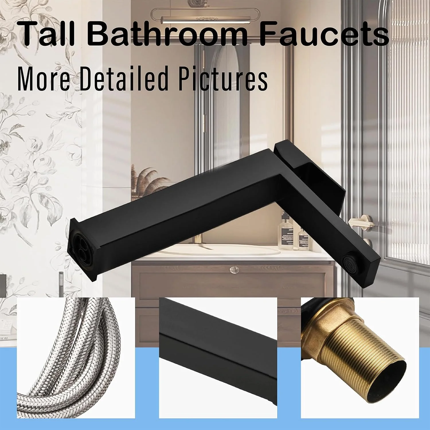 شیر روشویی بلند، شیر روشویی، شیر تک سوراخ، شیر روشویی تک دستگیره به همراه شلنگ های اتصال (مشکی مات)