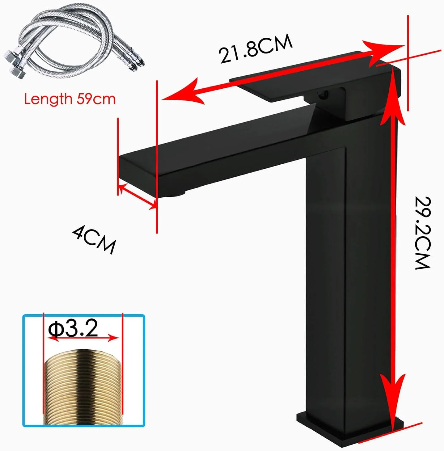 شیر روشویی بلند، شیر روشویی، شیر تک سوراخ، شیر روشویی تک دستگیره به همراه شلنگ های اتصال (مشکی مات)