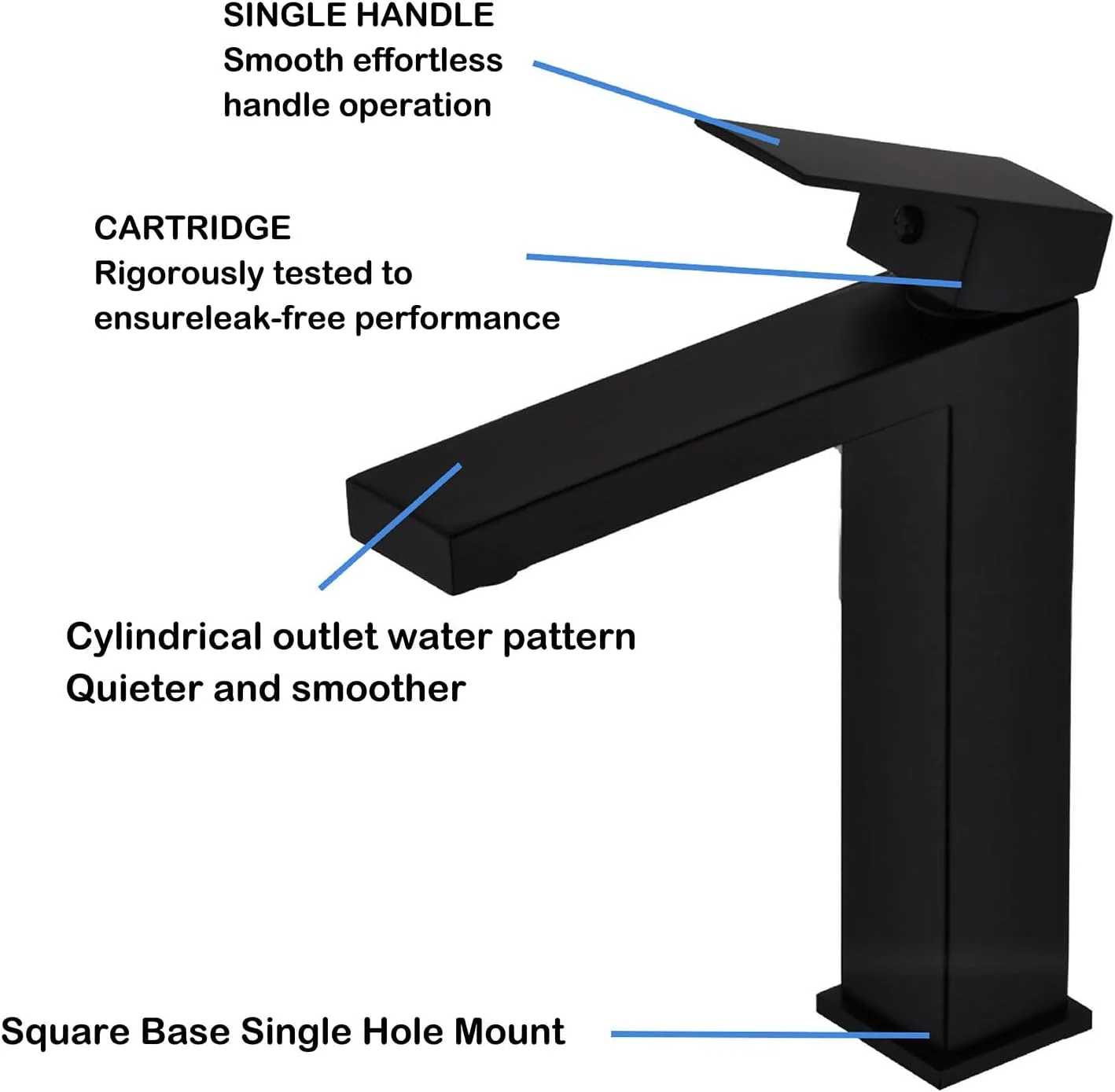 شیر روشویی بلند، شیر روشویی، شیر تک سوراخ، شیر روشویی تک دستگیره به همراه شلنگ های اتصال (مشکی مات)