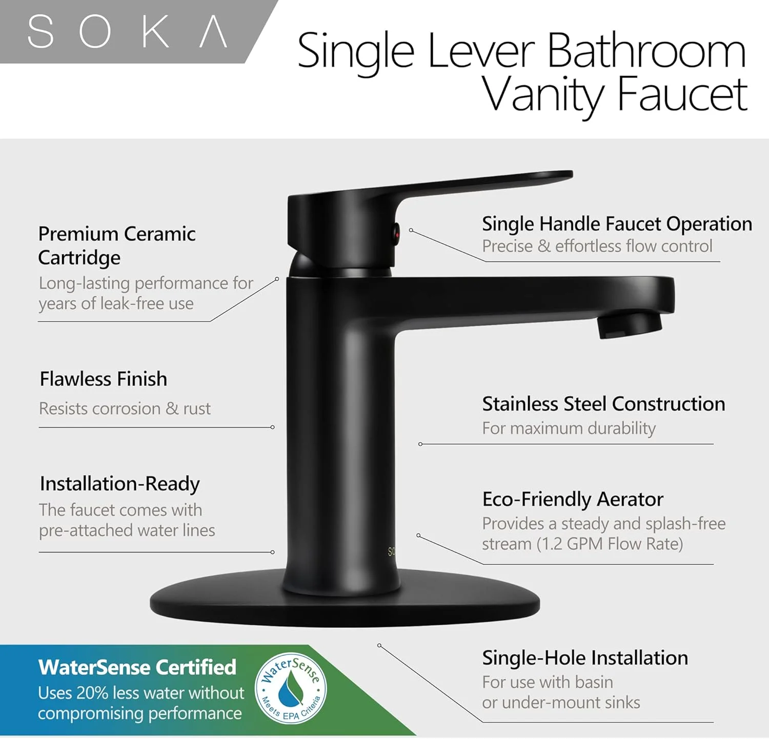 شیر روشویی برنجی سوکا مشکی مات به همراه درپوش تخلیه و صفحه نصب یک یا سه سوراخه تک دستگیره مناسب کاروان