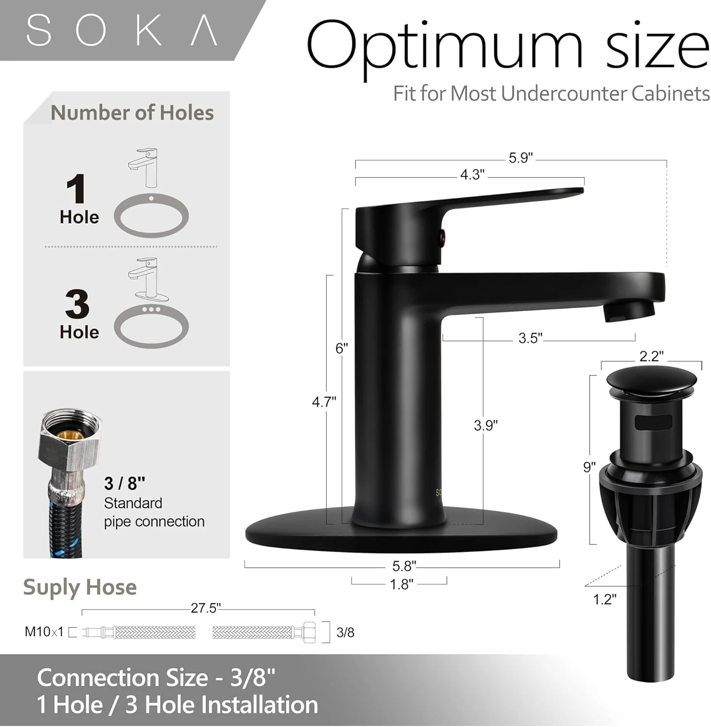 شیر روشویی برنجی سوکا مشکی مات به همراه درپوش تخلیه و صفحه نصب یک یا سه سوراخه تک دستگیره مناسب کاروان