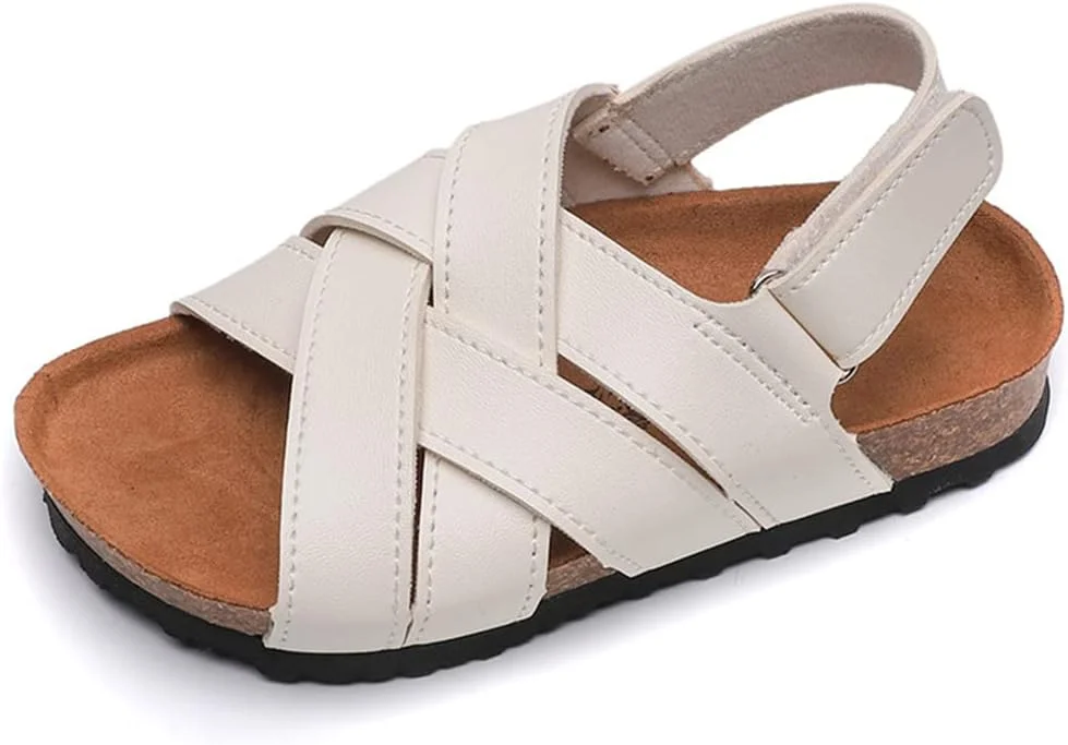 صندل های رو باز تخت تابستانی RTHOMR مناسب دختران و پسران، صندل های چوب پنبه ای بچه گانه، دمپایی های تابستانی بچه گانه برای استخر ساحلی در فضای باز (کودک کوچک/کودک بزرگ)، سفید، 34