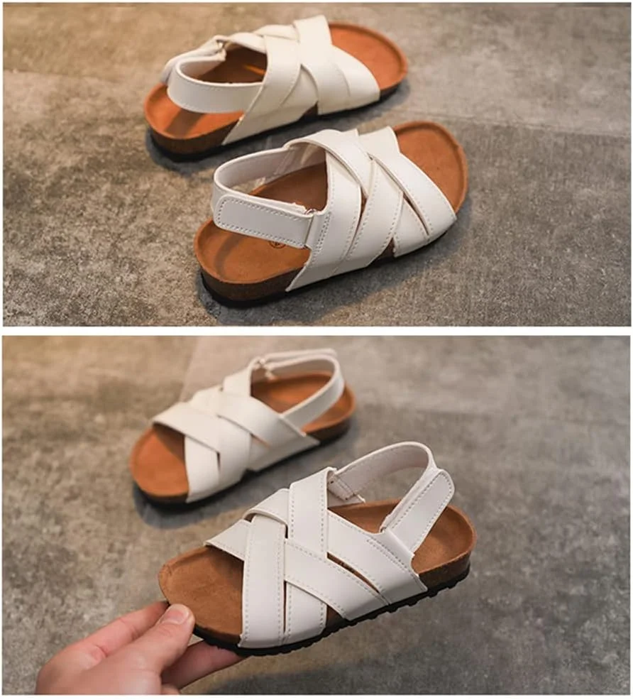 صندل های رو باز تخت تابستانی RTHOMR مناسب دختران و پسران، صندل های چوب پنبه ای بچه گانه، دمپایی های تابستانی بچه گانه برای استخر ساحلی در فضای باز (کودک کوچک/کودک بزرگ)، سفید، 34