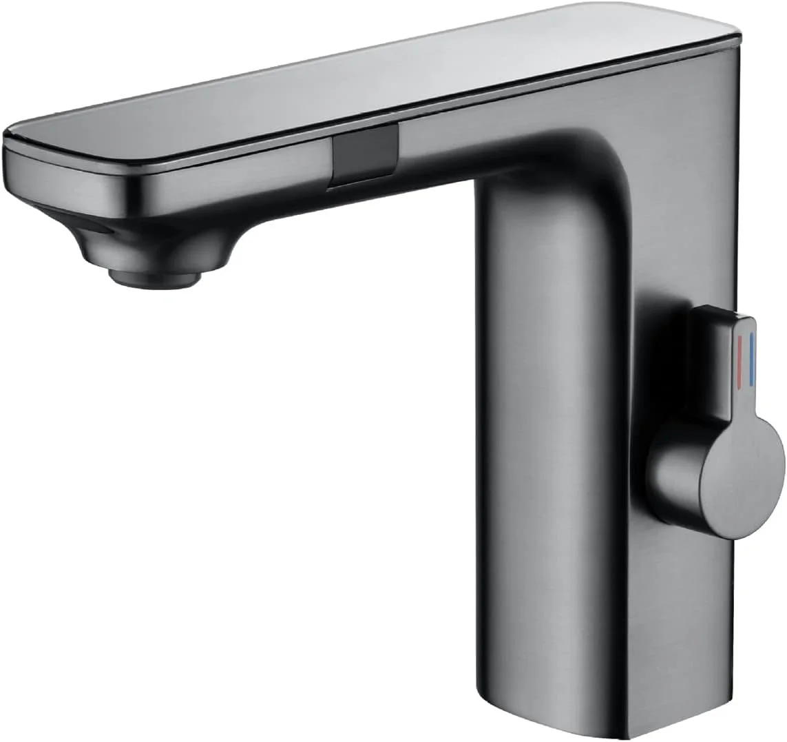 شیر آب/مخلوط کننده، شیر روشویی هوشمند با حسگر LCD، شیر مخلوط آب گرم و سرد با صفحه نمایش دیجیتال، شیر سینک حمام بدون لمس نصب شده روی عرشه برنجی، کروم (خاکستری تفنگی)