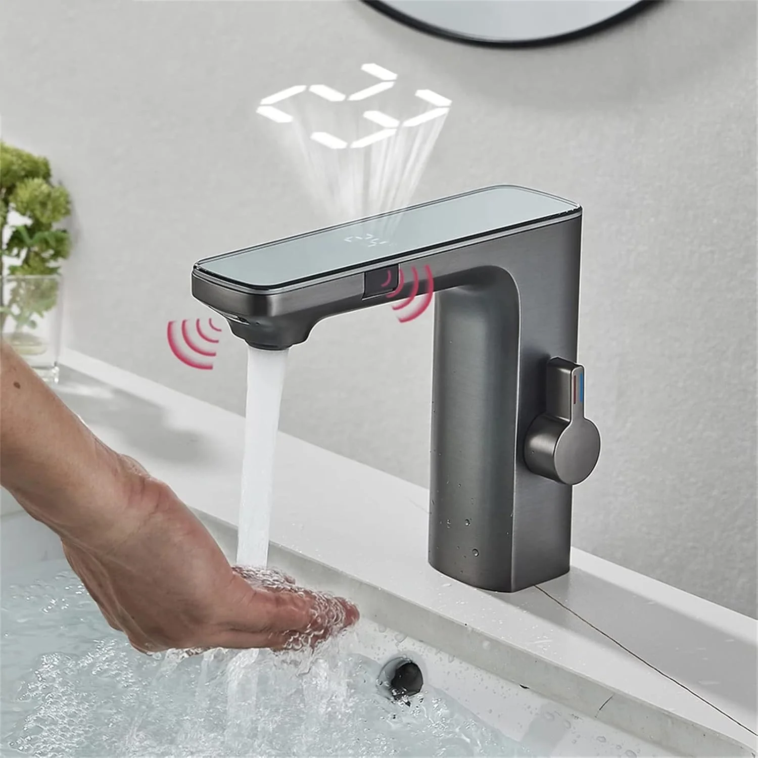 شیر آب/مخلوط کننده، شیر روشویی هوشمند با حسگر LCD، شیر مخلوط آب گرم و سرد با صفحه نمایش دیجیتال، شیر سینک حمام بدون لمس نصب شده روی عرشه برنجی، کروم (خاکستری تفنگی)