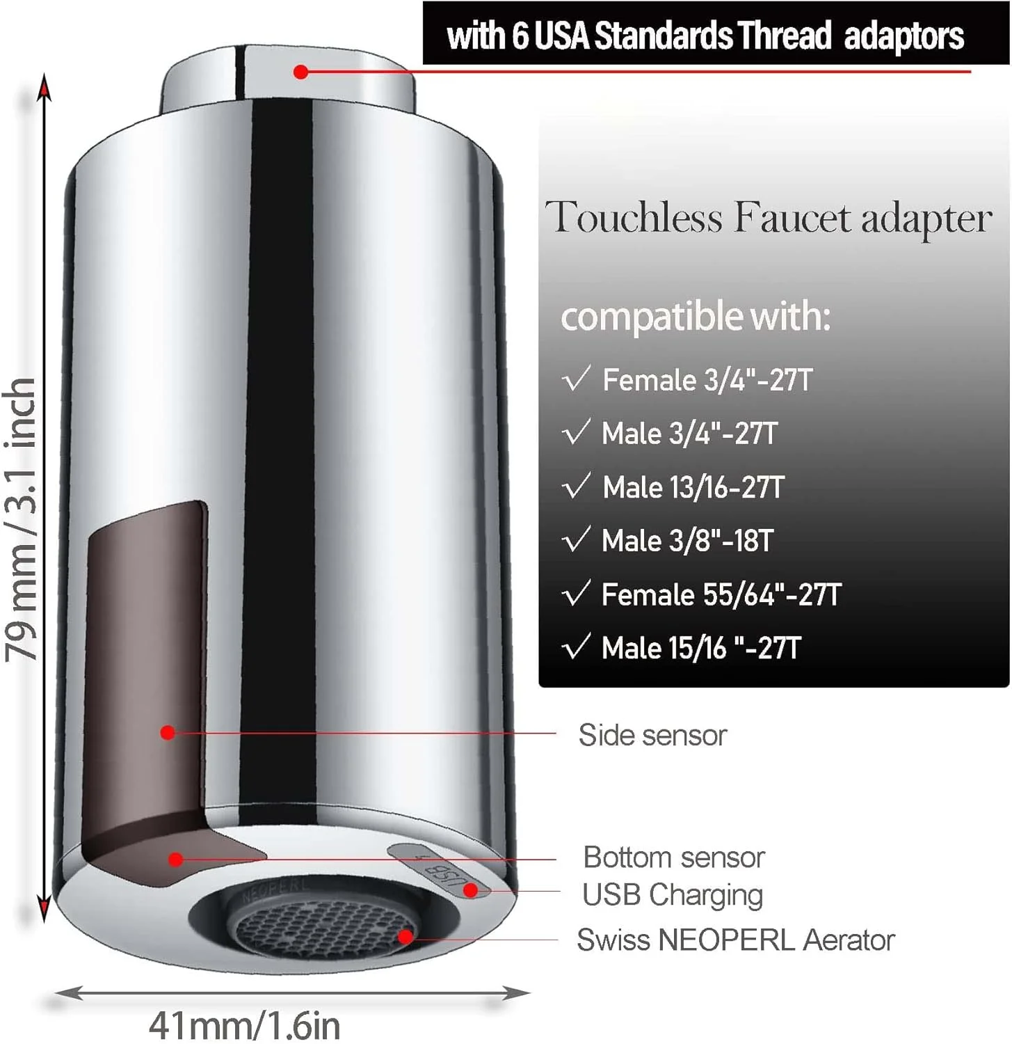 تبدیل شیر آب لمسی KASTWAVE برای آشپزخانه و حمام، شیر آب هوشمند جهانی، سنسور ضد آب IPX6، مدل کروم