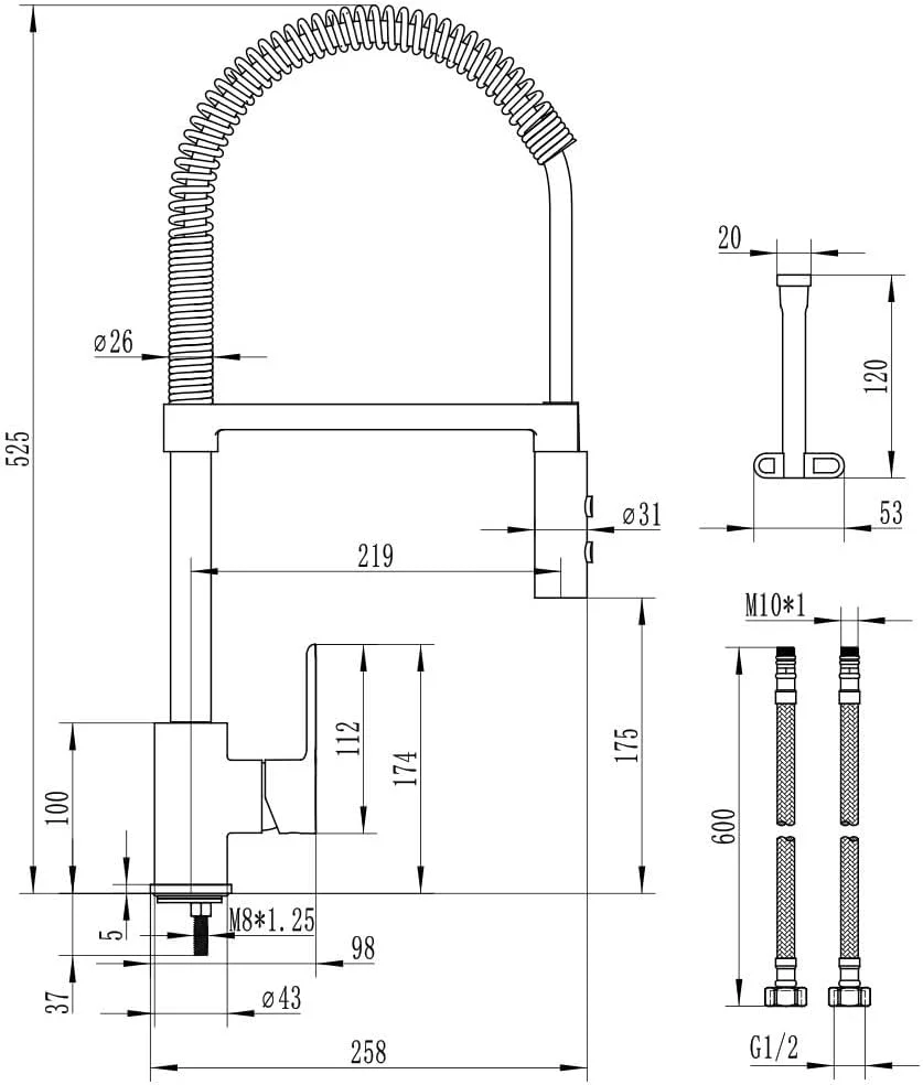 شیر سینک فنری بیرون کشیدنی Milano Plus Pia - روکش طلایی مات | شیر روشویی، شیر دستشویی | شیرآلات برنجی جامد حمام | شیر کنترل آب برای حمام، لوازم توالت - (21.9 x 52.5) سانتی متر