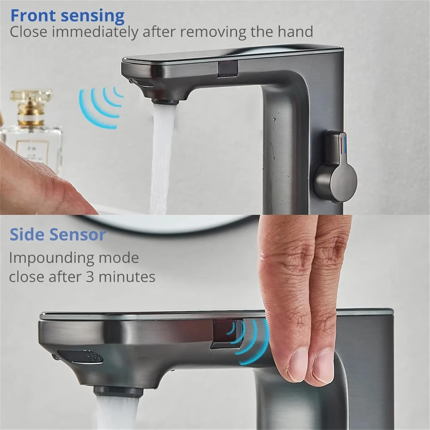 شیر آب/مخلوط کننده، شیر روشویی هوشمند با حسگر LCD، شیر مخلوط آب گرم و سرد با صفحه نمایش دیجیتال، شیر سینک حمام بدون لمس نصب شده روی عرشه برنجی، کروم (خاکستری تفنگی)