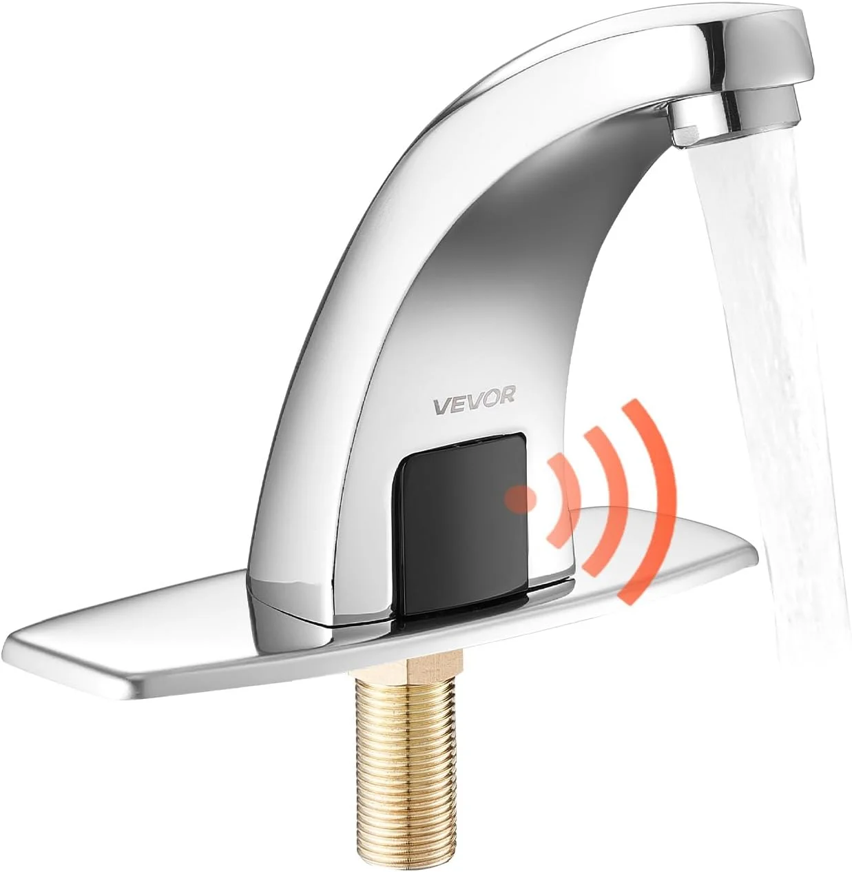 شیر آب روشویی بدون لمس VEVOR، شیر آب اتوماتیک سنسور حرکتی سرویس بهداشتی آب سرد با صفحه پوشش سوراخ، کارکرد با باتری برای لوله 9/16 اینچی، مناسب مصارف تجاری، روکش کروم نقره ای، G233M