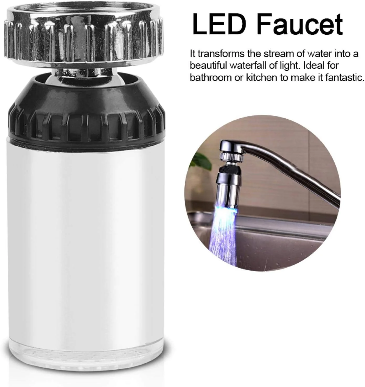 شیر آب سینک LED چرخان 360 درجه با تغییر 7 رنگ و حسگر دما