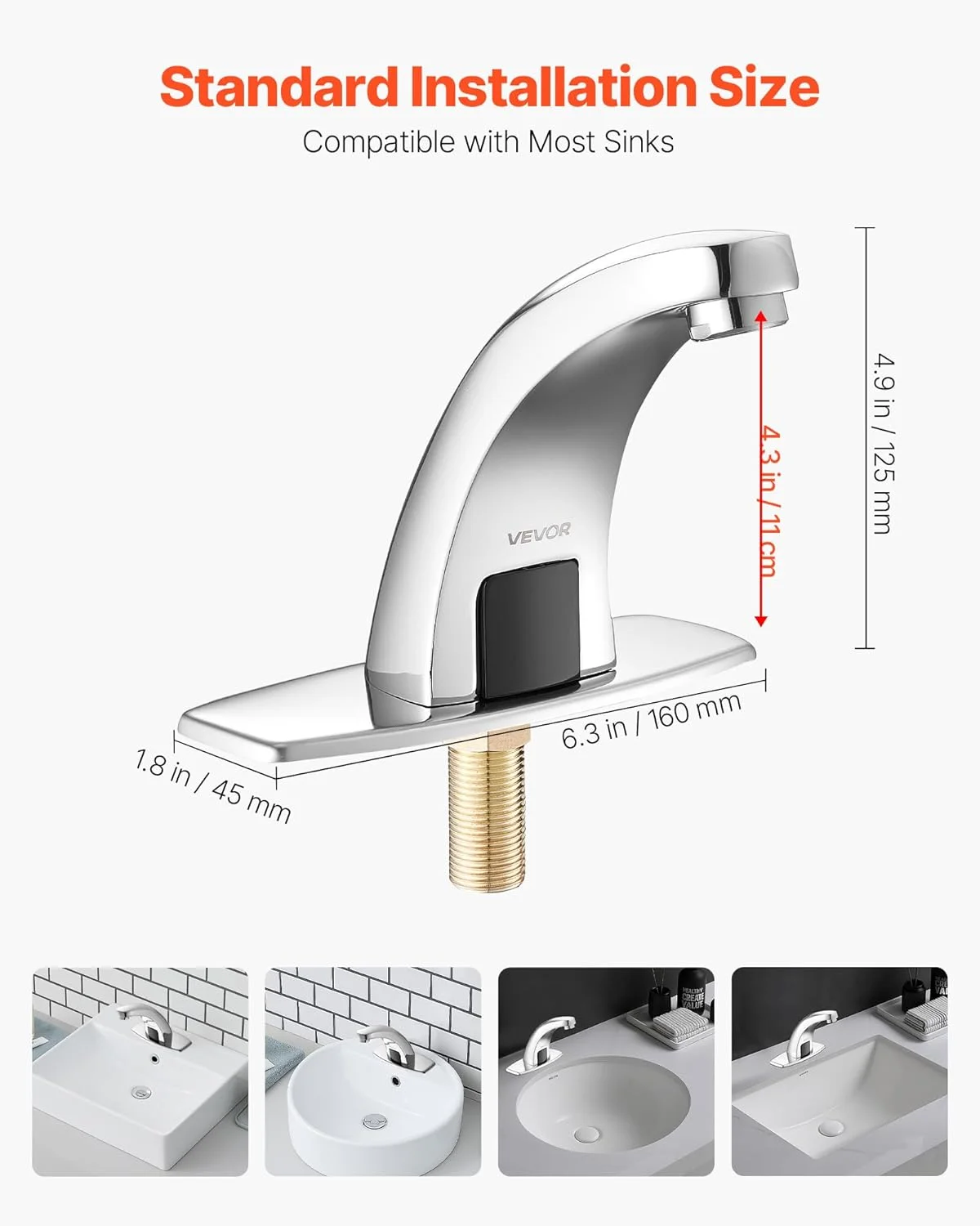 شیر آب روشویی بدون لمس VEVOR، شیر آب اتوماتیک سنسور حرکتی سرویس بهداشتی آب سرد با صفحه پوشش سوراخ، کارکرد با باتری برای لوله 9/16 اینچی، مناسب مصارف تجاری، روکش کروم نقره ای، G233M