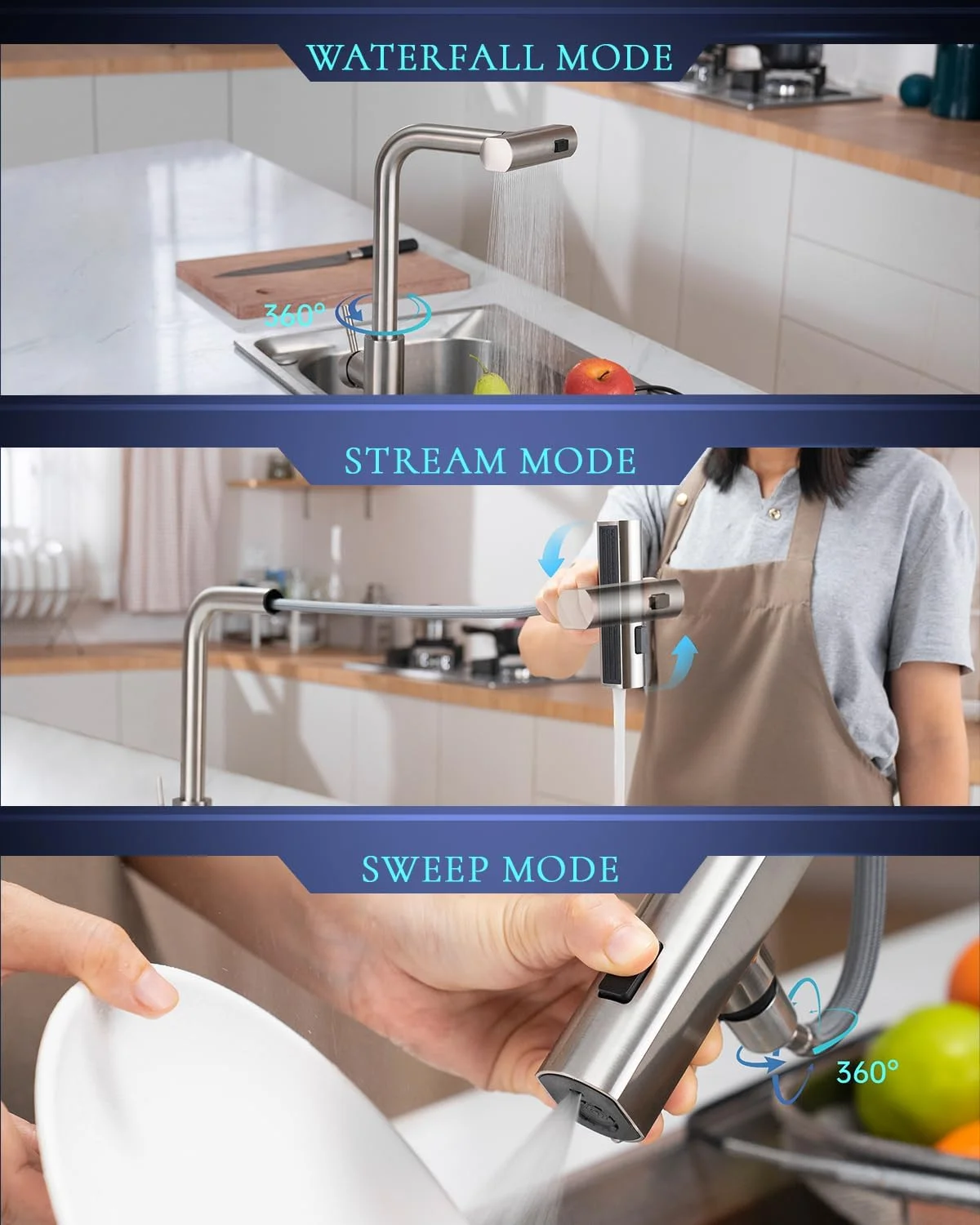 شیر آشپزخانه بدون لمس APPASO با اسپری کشویی، شیر سینک آشپزخانه حسگر حرکتی آبشاری بدون لمس، شیر سینک تک دسته استیل ضد زنگ نیکل برس خورده