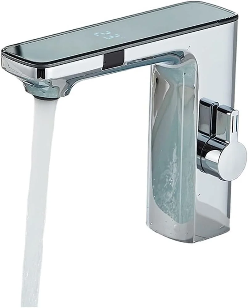 شیر روشویی سنسور دار بدون لمس با نمایشگر دیجیتال هوشمند، شیر سینک حمام برنجی با حسگر خاکستری، شیر مخلوط آب سرد و گرم، شیر آشپزخانه با باتری برای روشویی حمام (شیر روشویی کروم 1)