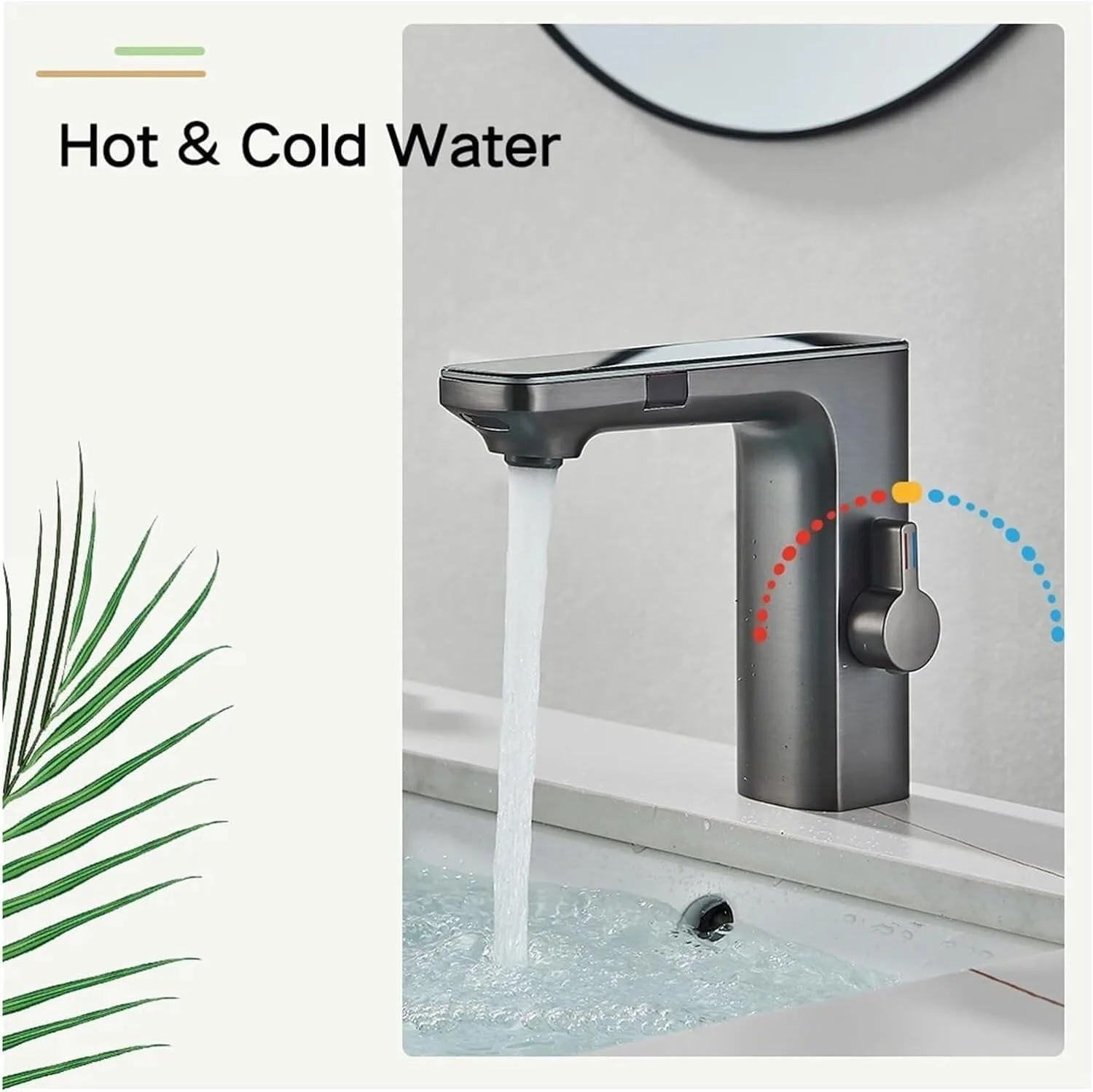 شیر روشویی سنسور دار بدون لمس با نمایشگر دیجیتال هوشمند، شیر سینک حمام برنجی با حسگر خاکستری، شیر مخلوط آب سرد و گرم، شیر آشپزخانه با باتری برای روشویی حمام (شیر روشویی کروم 1)