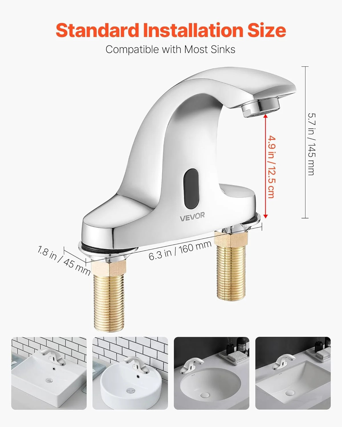 شیر آب روشویی بدون لمس VEVOR، شیر آب اتوماتیک سنسور حرکتی سرویس بهداشتی آب سرد با صفحه پوشش سوراخ، کارکرد با باتری برای لوله 9/16 اینچی، مناسب برای مصارف تجاری، روکش کروم نقره ای
