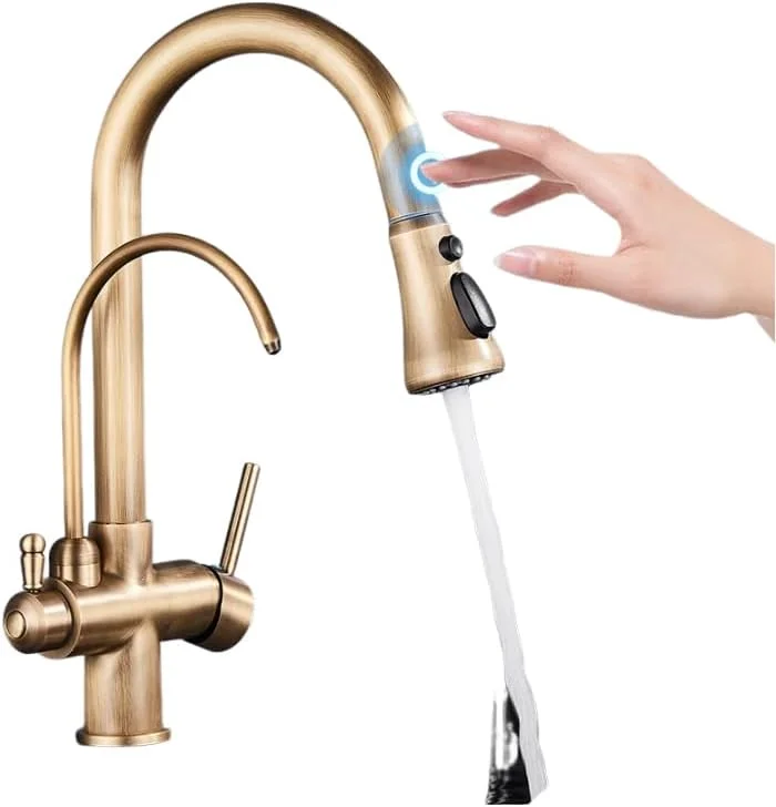 شیرآلات ظرفشویی آشپزخانه با حسگر لمسی، شیر آشپزخانه فیلتردار 2 در 1 مشکی، دارای دو حالت پاشش، شیرآلات سینک ظرفشویی برای آشپزخانه، شیر مخلوط آب خالص برنجی