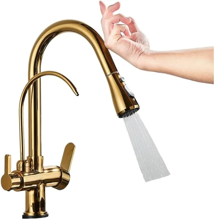 شیر آشپزخانه حسگر لمسی فیلتر آب، شیر آشپزخانه برنجی با اسپری بیرون کشیدنی، شیر مخلوط کن با آب خالص چرخان برای آشپزخانه طلایی