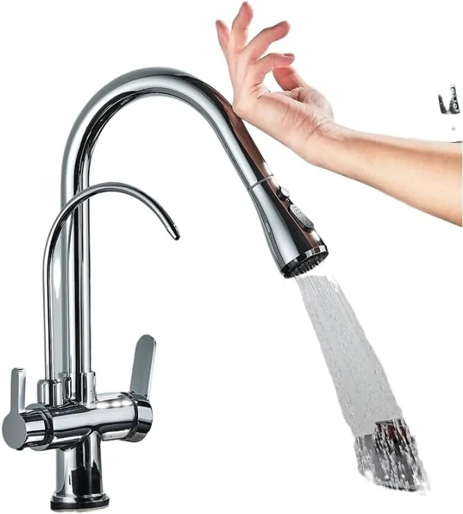 شیر آشپزخانه، شیر آب آشپزخانه با حسگر لمسی، شیر آب مخلوط کن برنجی با قابلیت چرخش و خروجی آب تصفیه شده، کروم